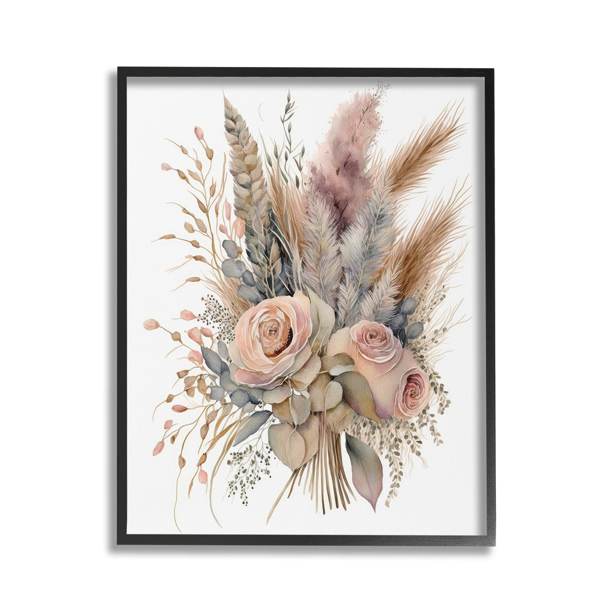Stupell Industries Boho Rose Pampas Botanical & Floral Painting Black Framed Art Print Wall Art, 16 x 20