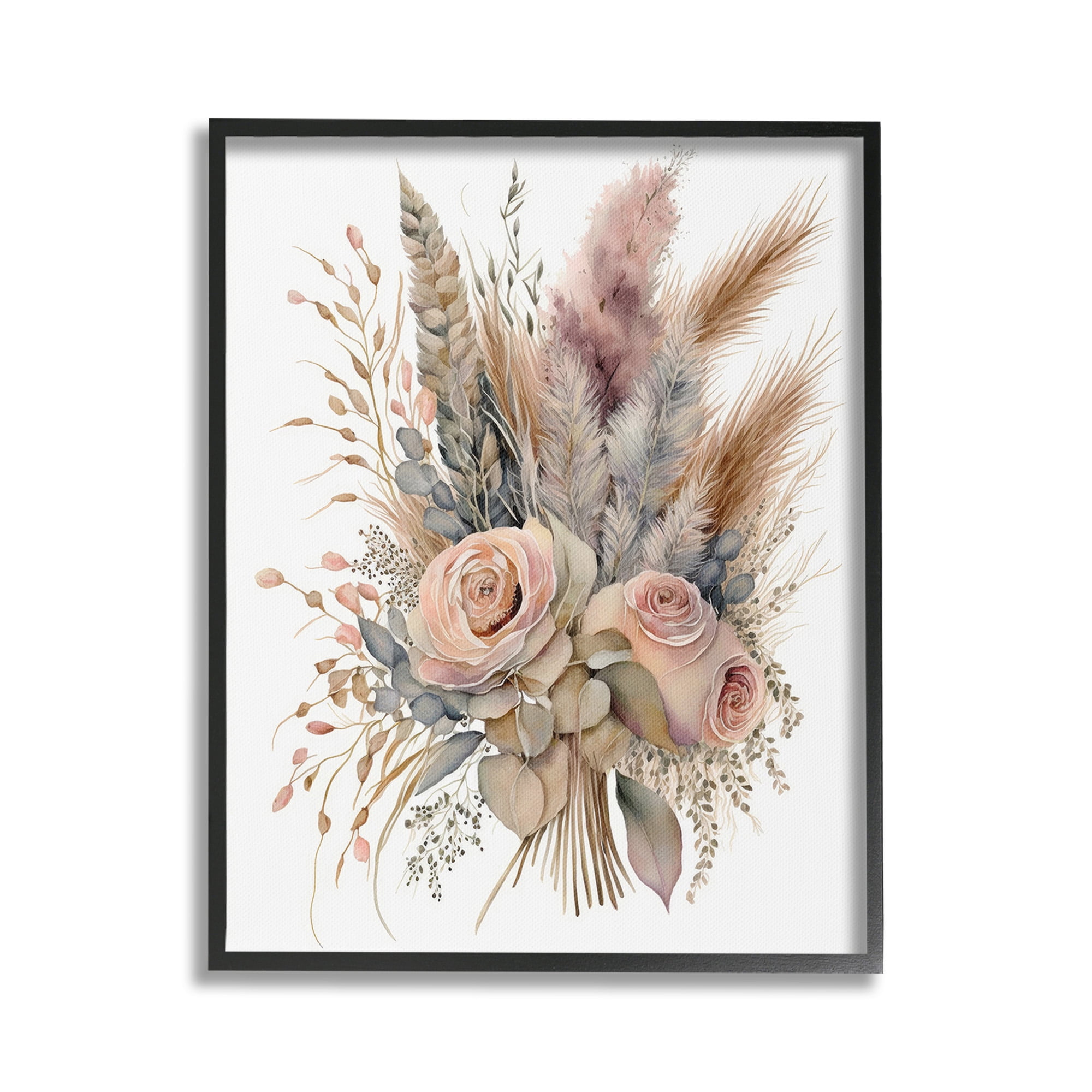 Stupell Industries Boho Rose Pampas Botanical & Floral Painting Black Framed Art Print Wall Art, 24 x 30