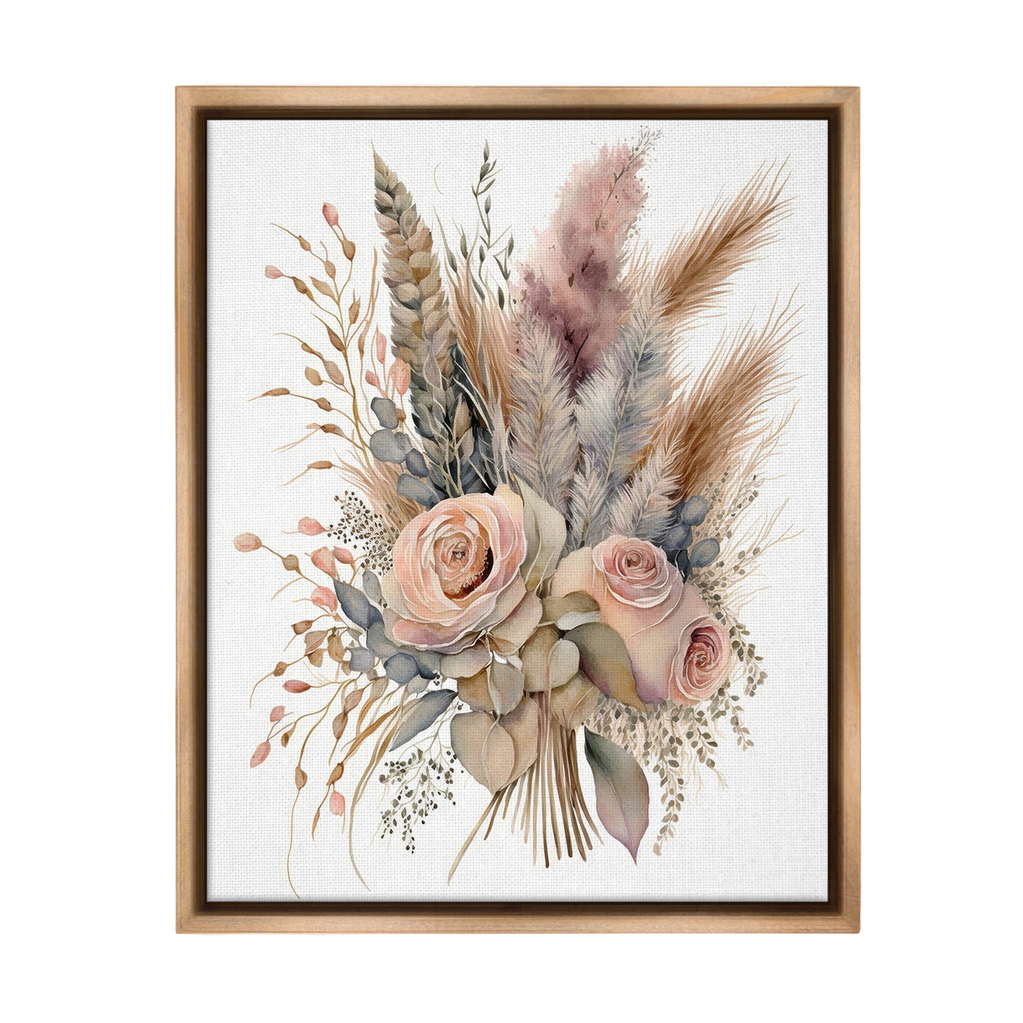 Stupell Industries Boho Rose Pampas Botanical & Floral Painting Brown Floater Framed Canvas Art Print Wall Art, 25 x 31