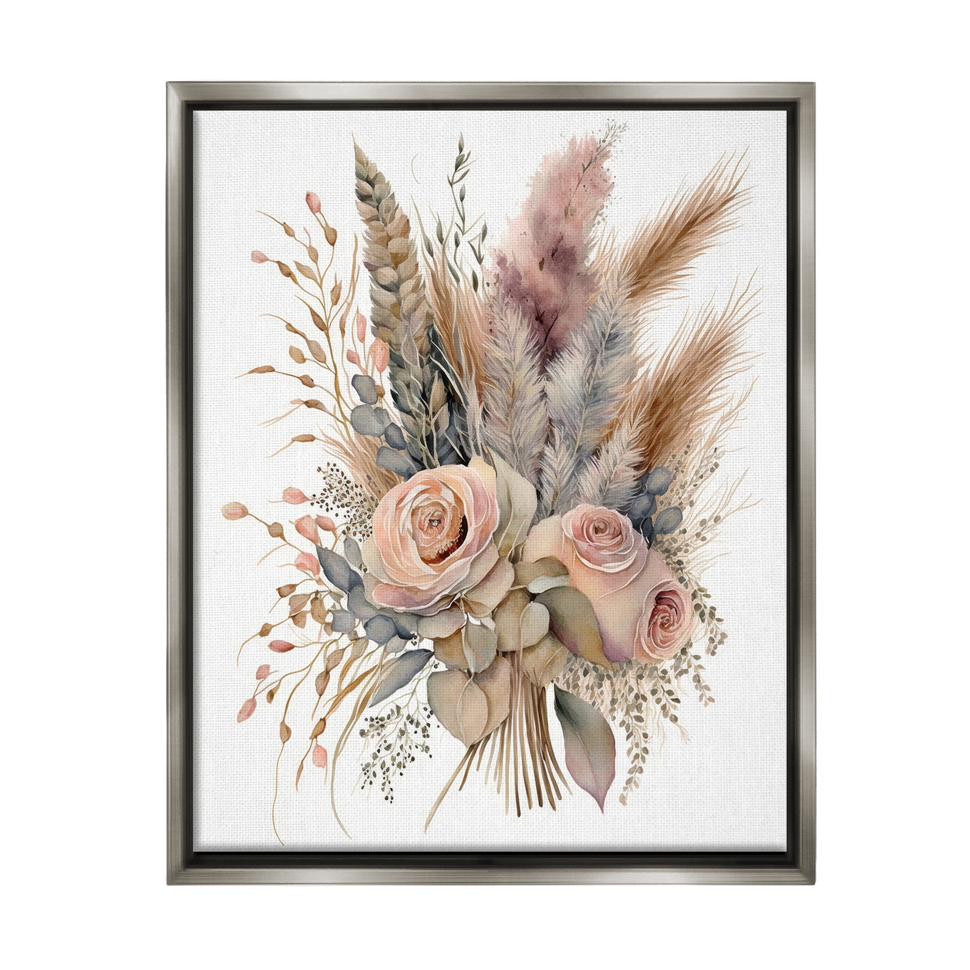 Stupell Industries Boho Rose Pampas Botanical & Floral Painting Gray Floater Framed Canvas Art Print Wall Art, 25 x 31
