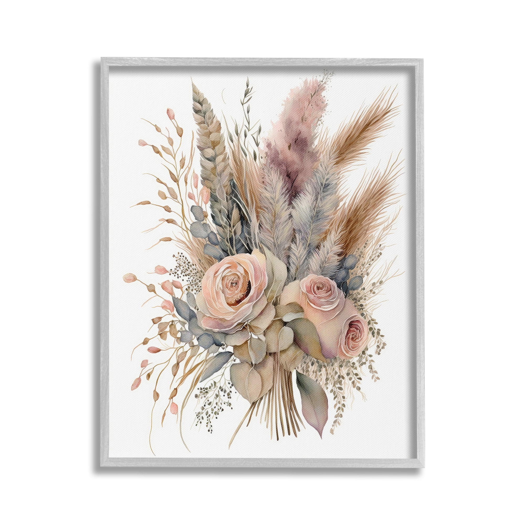 Stupell Industries Boho Rose Pampas Botanical & Floral Painting Gray Framed Art Print Wall Art, 16 x 20