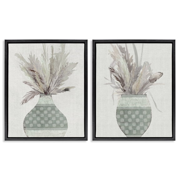 Stupell Industries Boho Rustic Plant Vases Plants & Flowers Painting Black Floater Framed Canvas Art Print Wall Art, 17 x 21, Set of 2