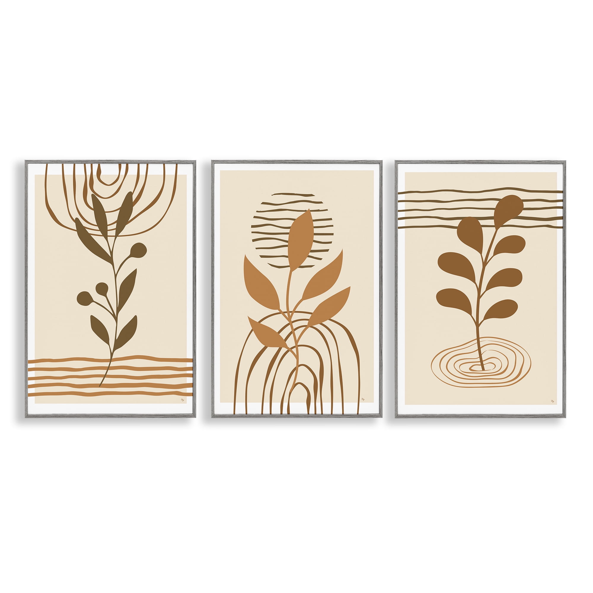 Stupell Industries Boho Sprigs & Line Patterns Plants & Flowers Painting Gray Framed Art Print Wall Art, 12 x 18, Set of 3