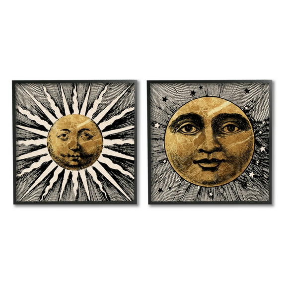 Stupell Industries Boho Sun & Moon Landscape Painting Black Framed Art Print Wall Art, 12 x 12