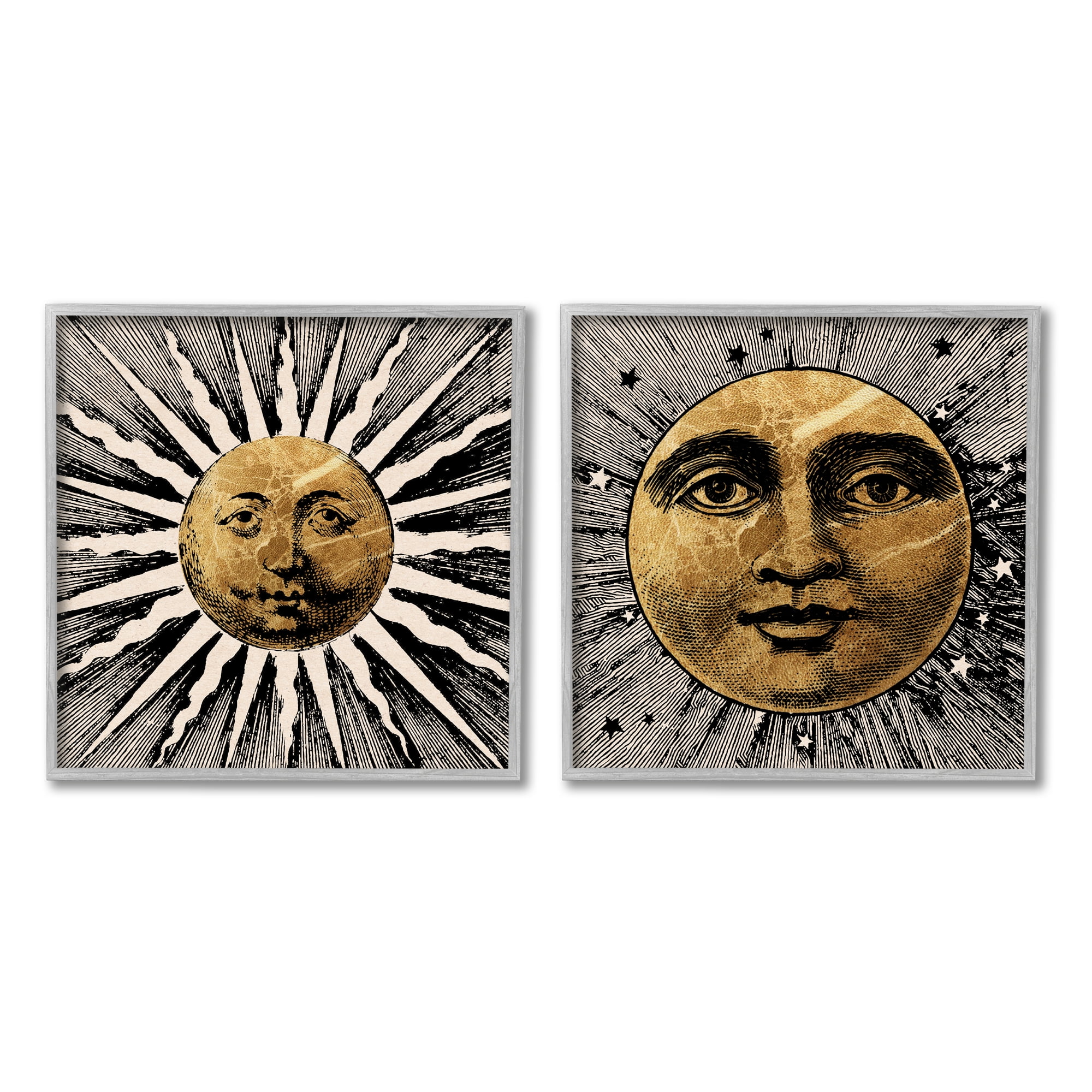 Stupell Industries Boho Sun & Moon Landscape Painting Gray Framed Art Print Wall Art, 24 x 24