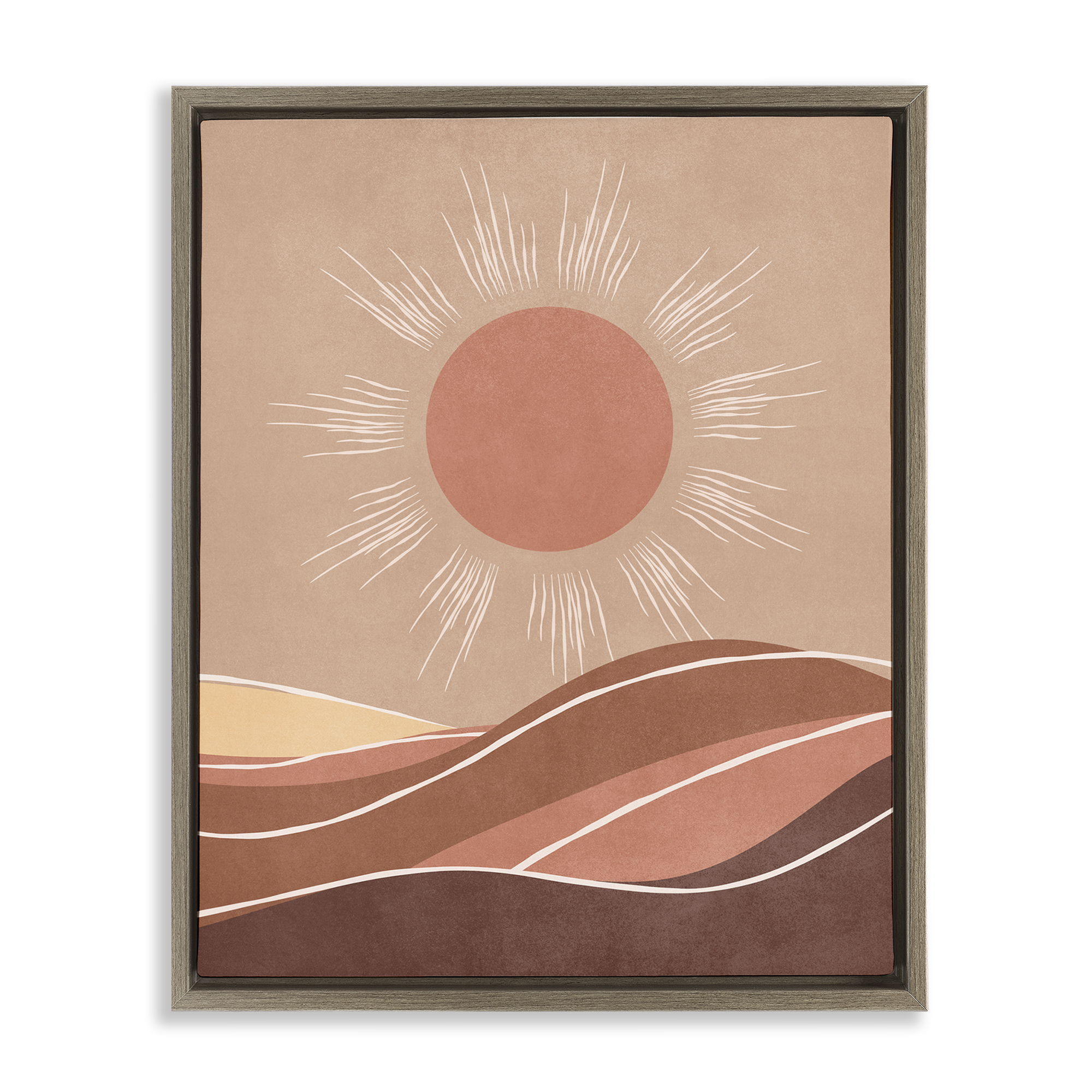 Stupell Industries Boho Sun over Desert Landscape & Nature Painting Brown Floater Framed Canvas Art Print Wall Art, 17 x 21