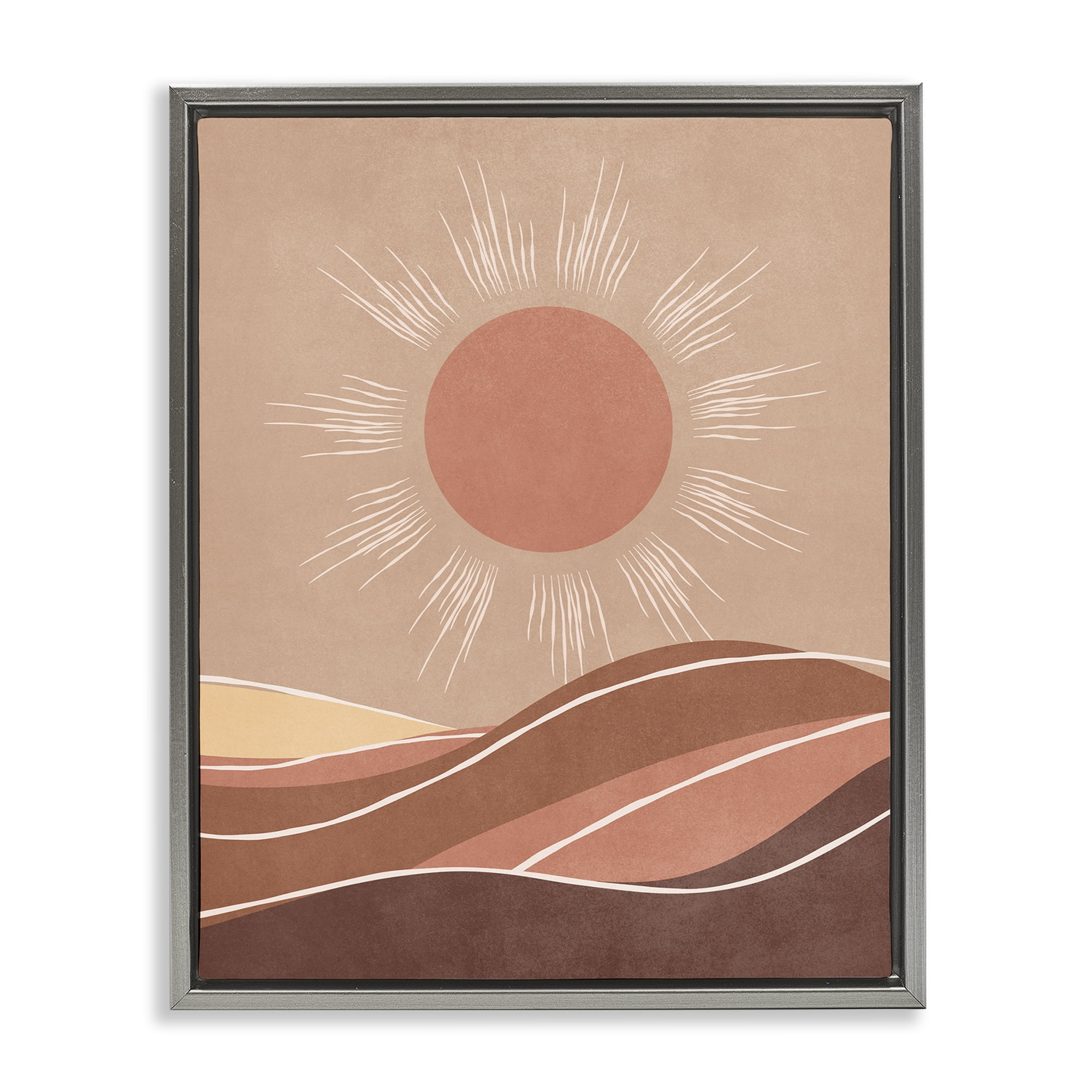 Stupell Industries Boho Sun over Desert Landscape & Nature Painting Gray Floater Framed Canvas Art Print Wall Art, 17 x 21