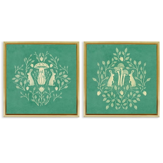Stupell Industries Boho Symmetrical Rabbits Animals Painting Gold Floater Framed Canvas Art Print Wall Art, 25 x 25, Set of 2