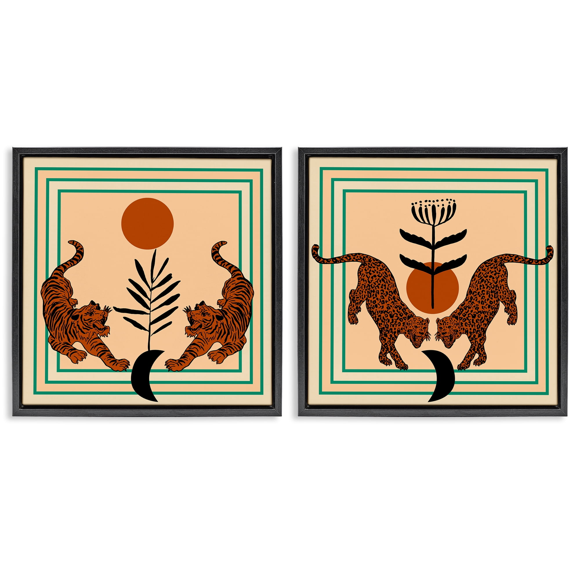Stupell Industries Boho Symmetrical Wild Cats Animals Painting Black Floater Framed Canvas Art Print Wall Art, 25 x 25, Set of 2