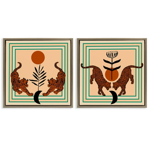 Stupell Industries Boho Symmetrical Wild Cats Animals Painting Brown Floater Framed Canvas Art Print Wall Art, 18 x 18, Set of 2