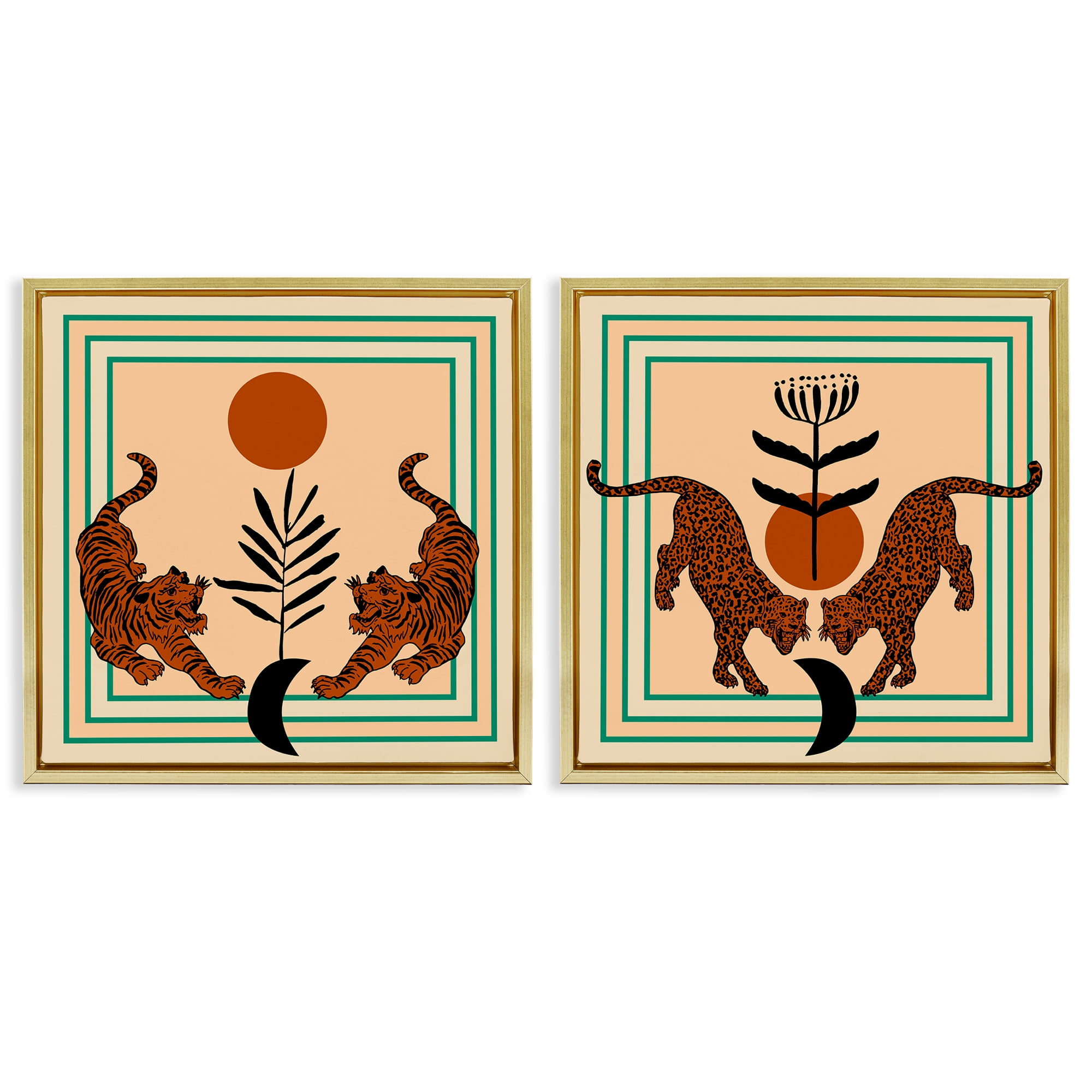 Stupell Industries Boho Symmetrical Wild Cats Animals Painting Gold Floater Framed Canvas Art Print Wall Art, 25 x 25, Set of 2