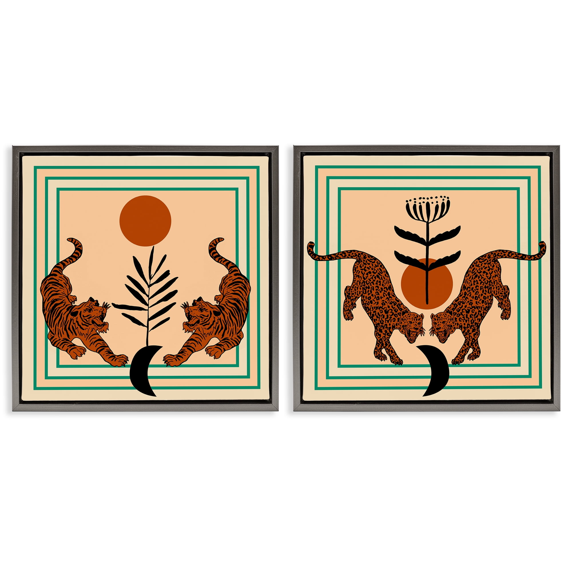 Stupell Industries Boho Symmetrical Wild Cats Animals Painting Gray Floater Framed Canvas Art Print Wall Art, 25 x 25, Set of 2