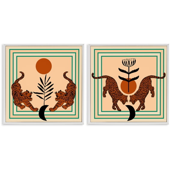 Stupell Industries Boho Symmetrical Wild Cats Animals Painting White Framed Art Print Wall Art, 12 x 12, Set of 2