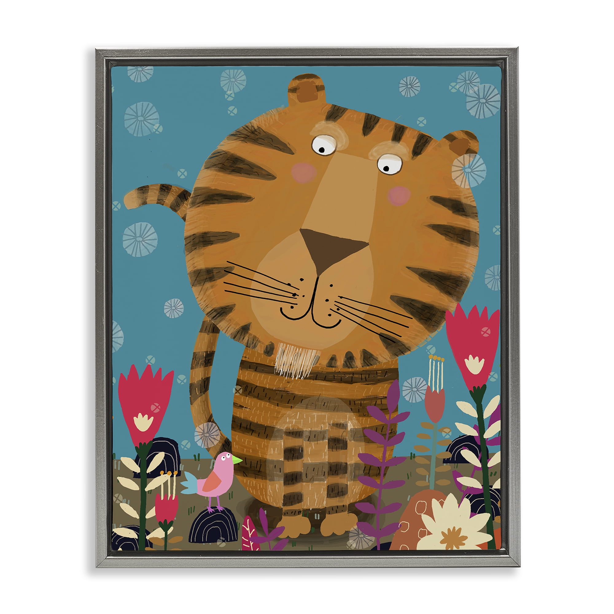 Stupell Industries Boho Tiger & Flowers Gray Framed Floater Canvas Wall Art, design by Carla Daly