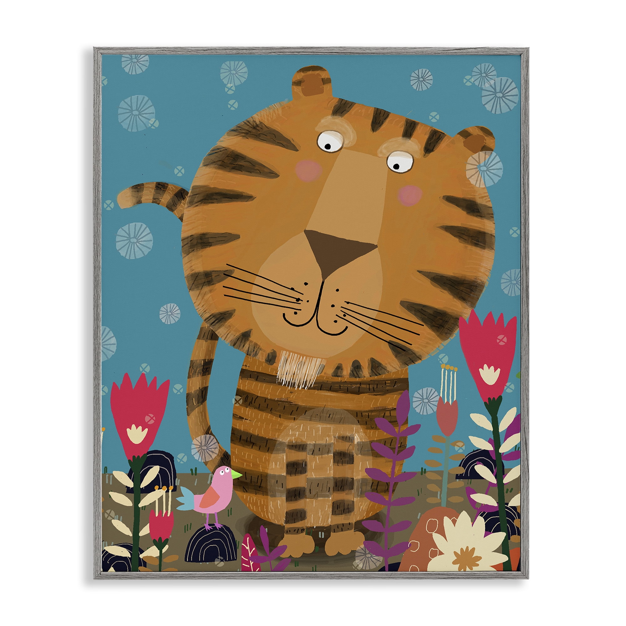 Stupell Industries Boho Tiger & Flowers Gray Framed Giclee Art, design by Carla Daly