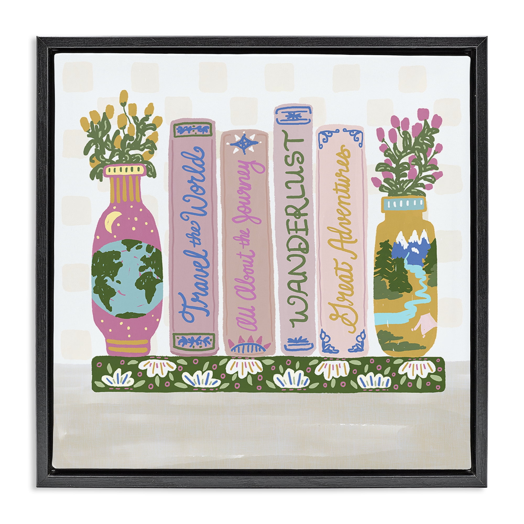Stupell Industries Boho Travel Books Shelf Black Framed Floater Canvas Wall Art, design by Connie Summers