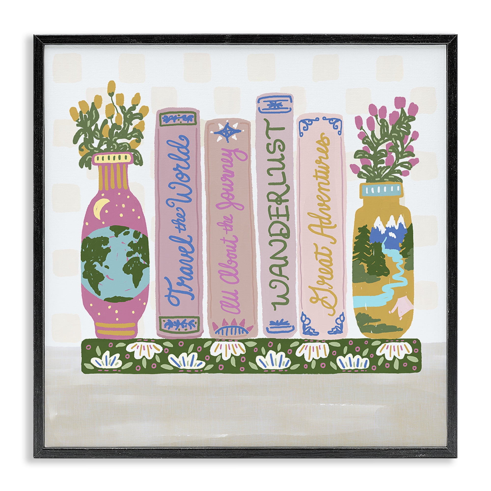 Stupell Industries Boho Travel Books Shelf Black Framed Giclee Art, design by Connie Summers