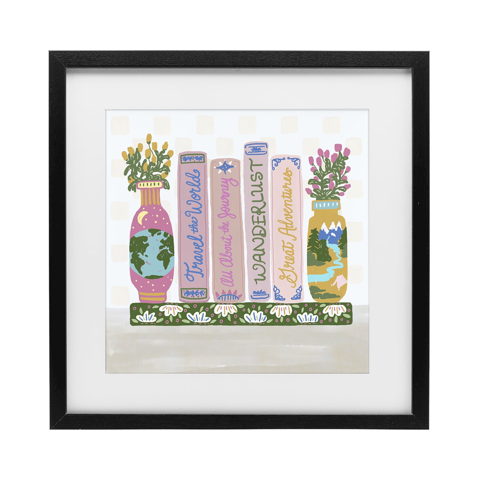 Stupell Industries Boho Travel Books Shelf Black Framed Print Under Glass, design by Connie Summers