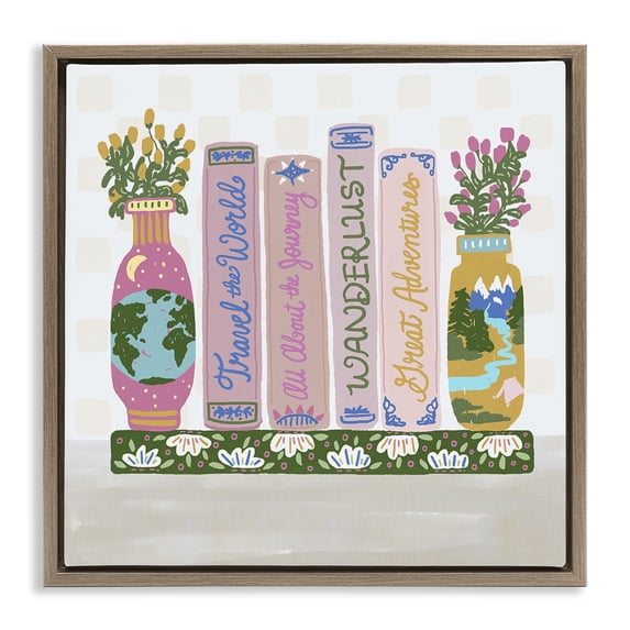 Stupell Industries Eclectic Boho Travel Books Shelf Brown Floating Frame Canvas Art, 18 x 18, by Connie Summers