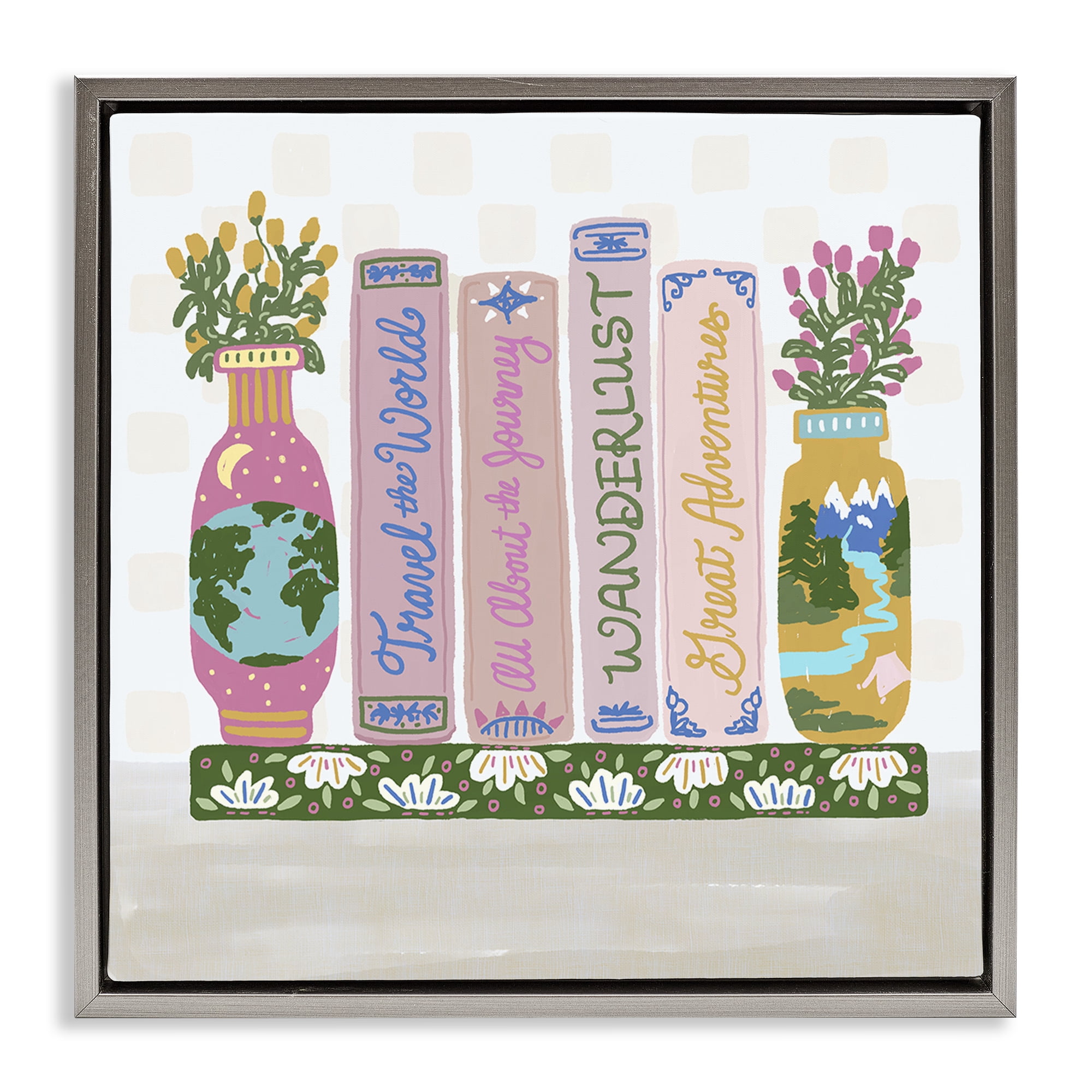 Stupell Industries Boho Travel Books Shelf Gray Framed Floater Canvas Wall Art, design by Connie Summers