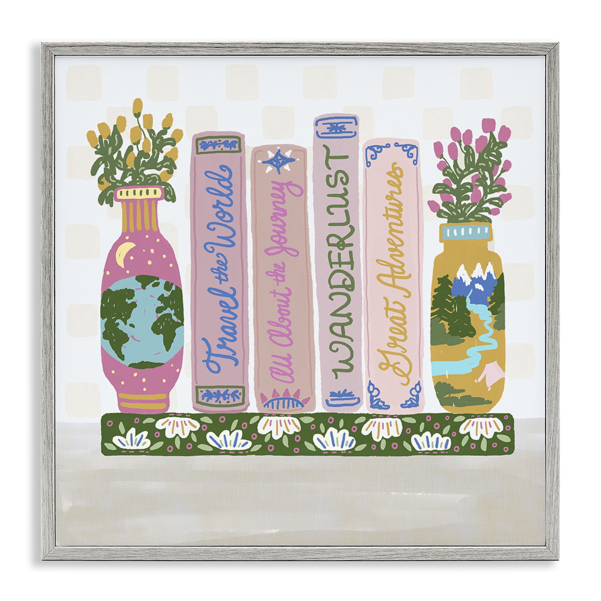 Stupell Industries Boho Travel Books Shelf Gray Framed Giclee Art, design by Connie Summers