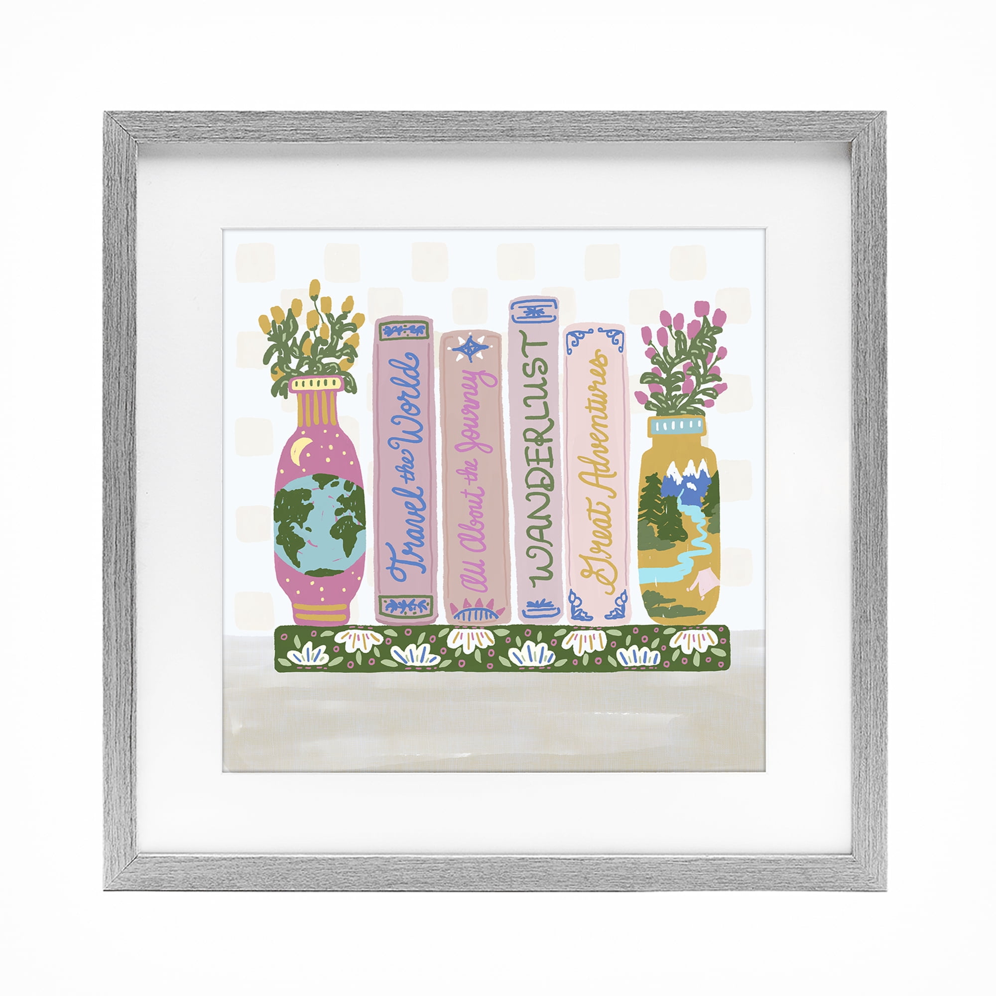 Stupell Industries Boho Travel Books Shelf Gray Framed Print Under Glass, design by Connie Summers