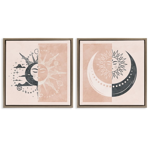 Stupell Industries Boho Two Tone Moon Sun Astrology & Stars Painting Brown Floater Framed Canvas Art Print Wall Art, 18 x 18, Set of 2