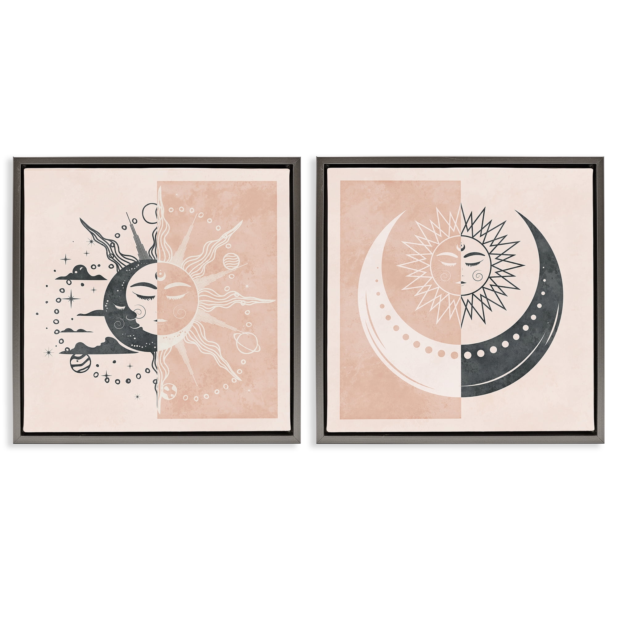 Stupell Industries Boho Two Tone Moon Sun Astrology & Stars Painting Gray Floater Framed Canvas Art Print Wall Art, 18 x 18, Set of 2