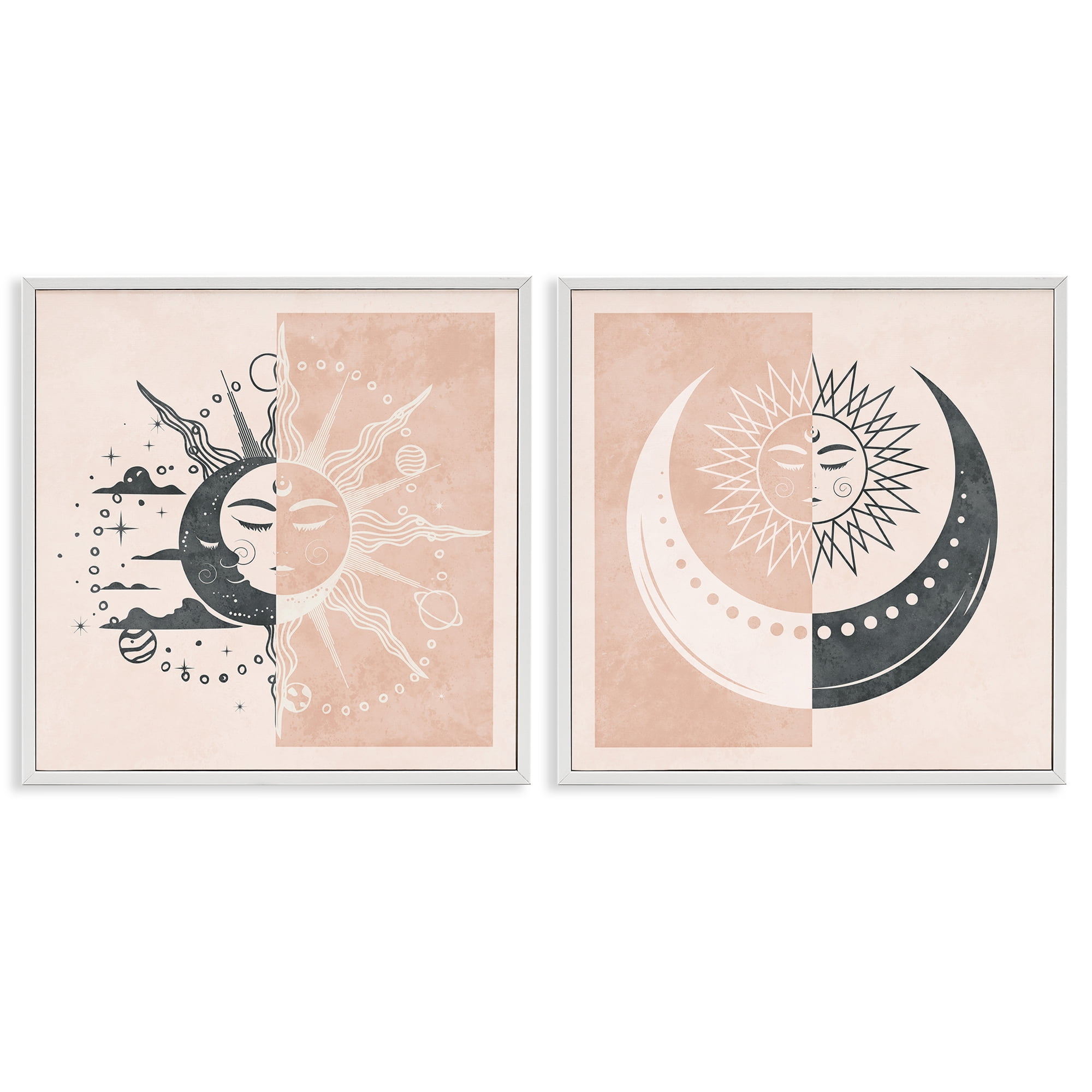 Stupell Industries Boho Two Tone Moon Sun Astrology & Stars Painting White Framed Art Print Wall Art, 24 x 24, Set of 2