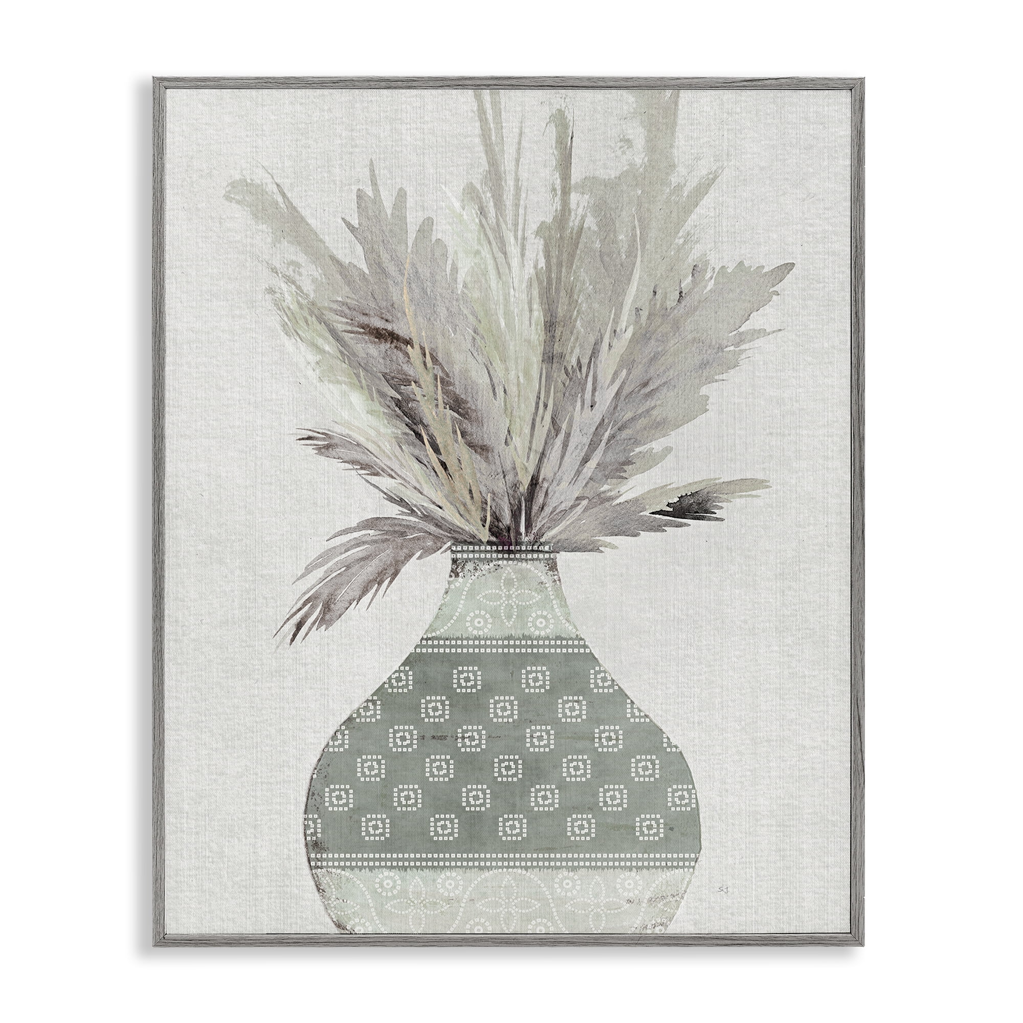 Stupell Industries Boho Wheat in Vase Plants & Flowers Painting Gray Framed Art Print Wall Art, 24 x 30