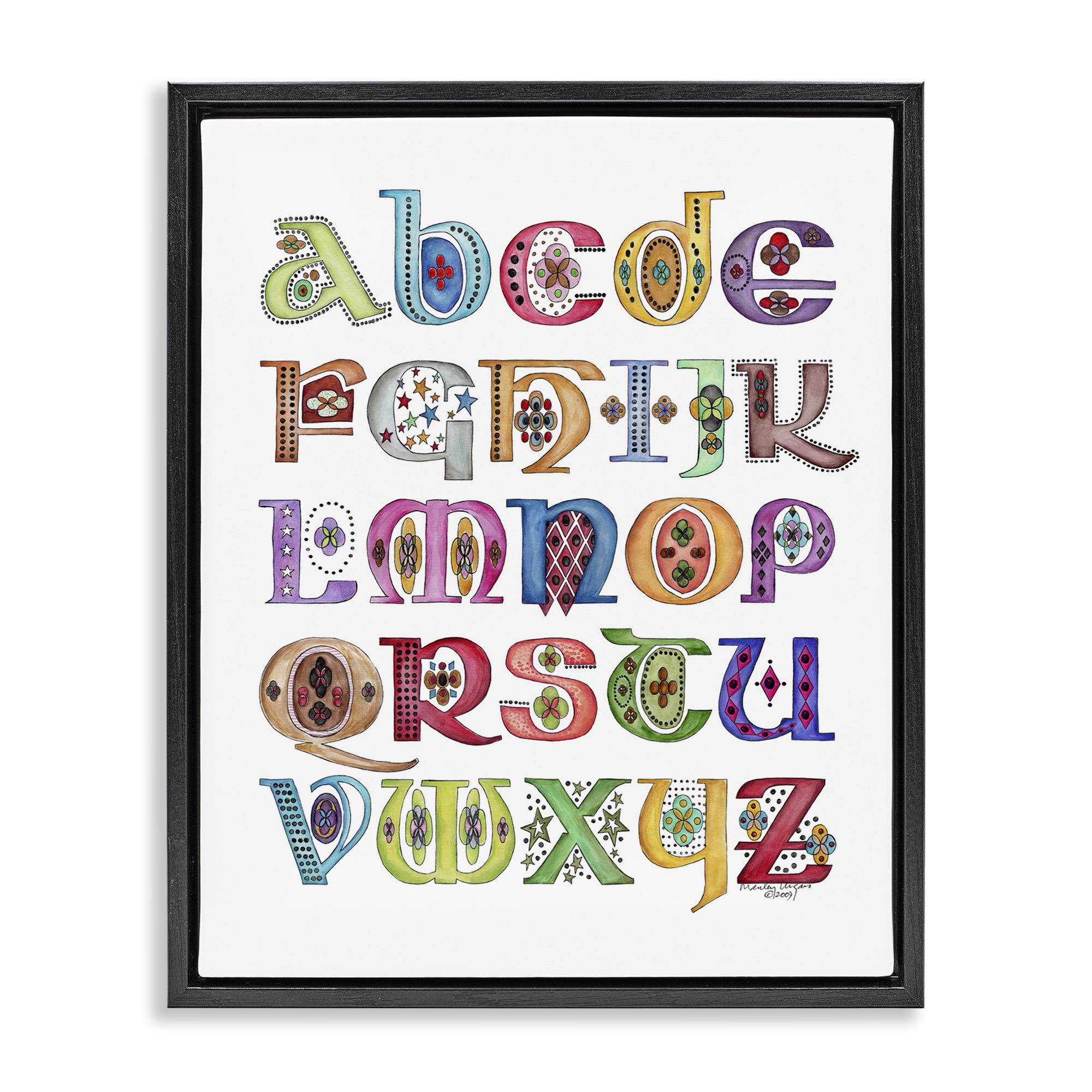 Stupell Industries Boho Whimsical Alphabet Novelty Painting Black Floater Framed Art Print Wall Art, 25 x 31