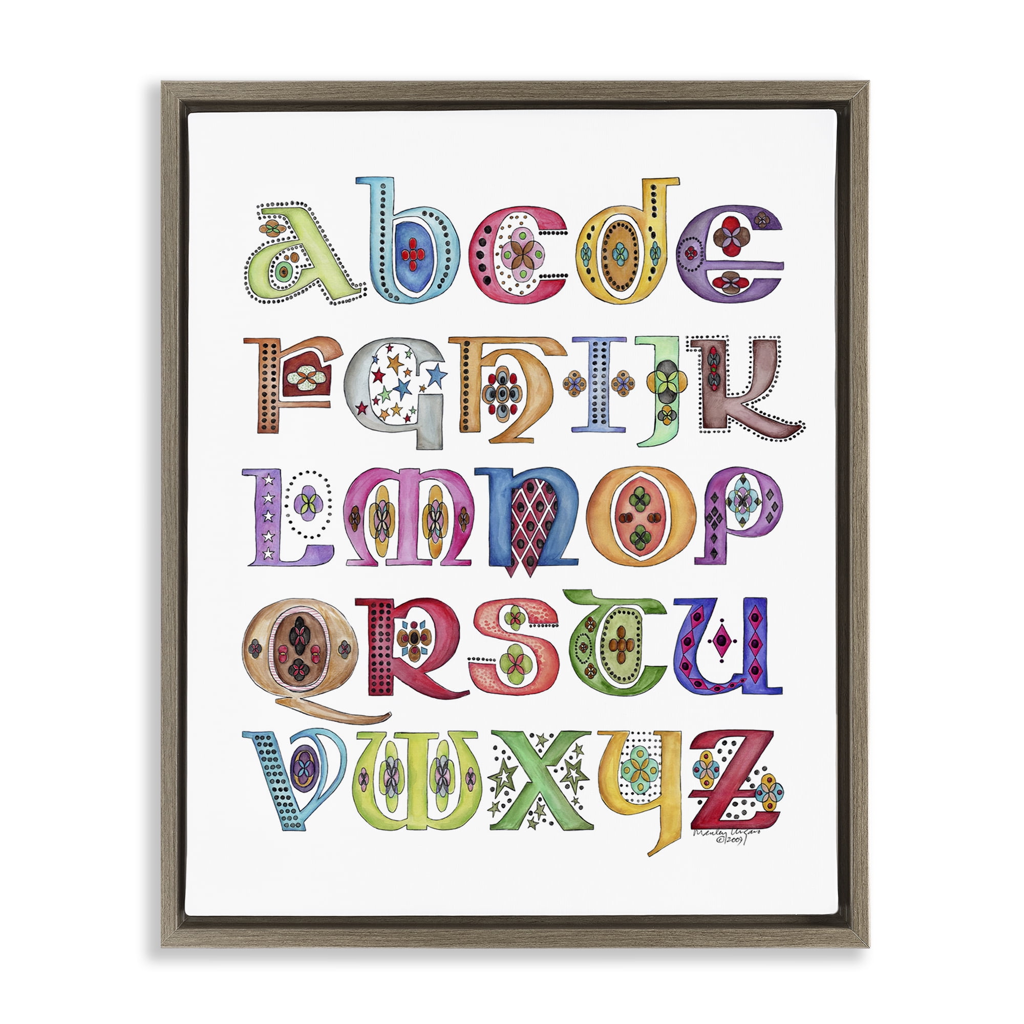 Stupell Industries Boho Whimsical Alphabet Novelty Painting Brown Floater Framed Art Print Wall Art, 25 x 31