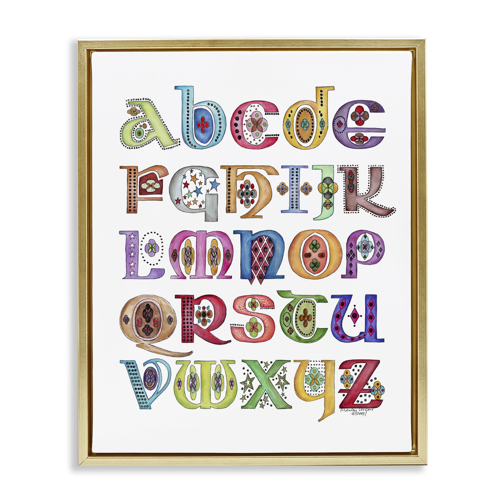Stupell Industries Boho Whimsical Alphabet Novelty Painting Gold Floater Framed Art Print Wall Art, 17 x 21