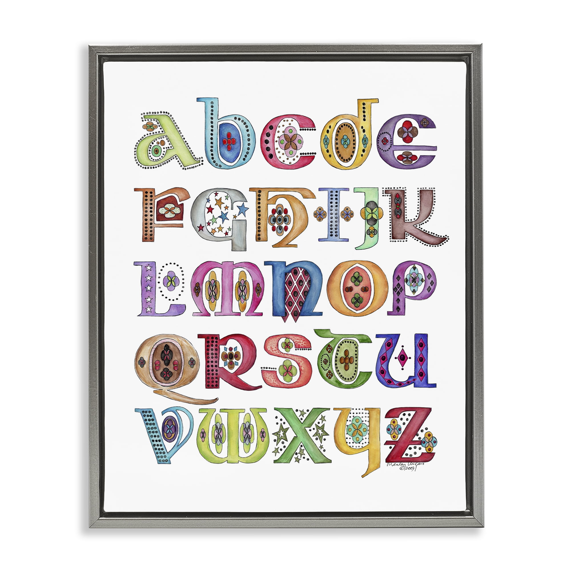 Stupell Industries Boho Whimsical Alphabet Novelty Painting Gray Floater Framed Art Print Wall Art, 25 x 31