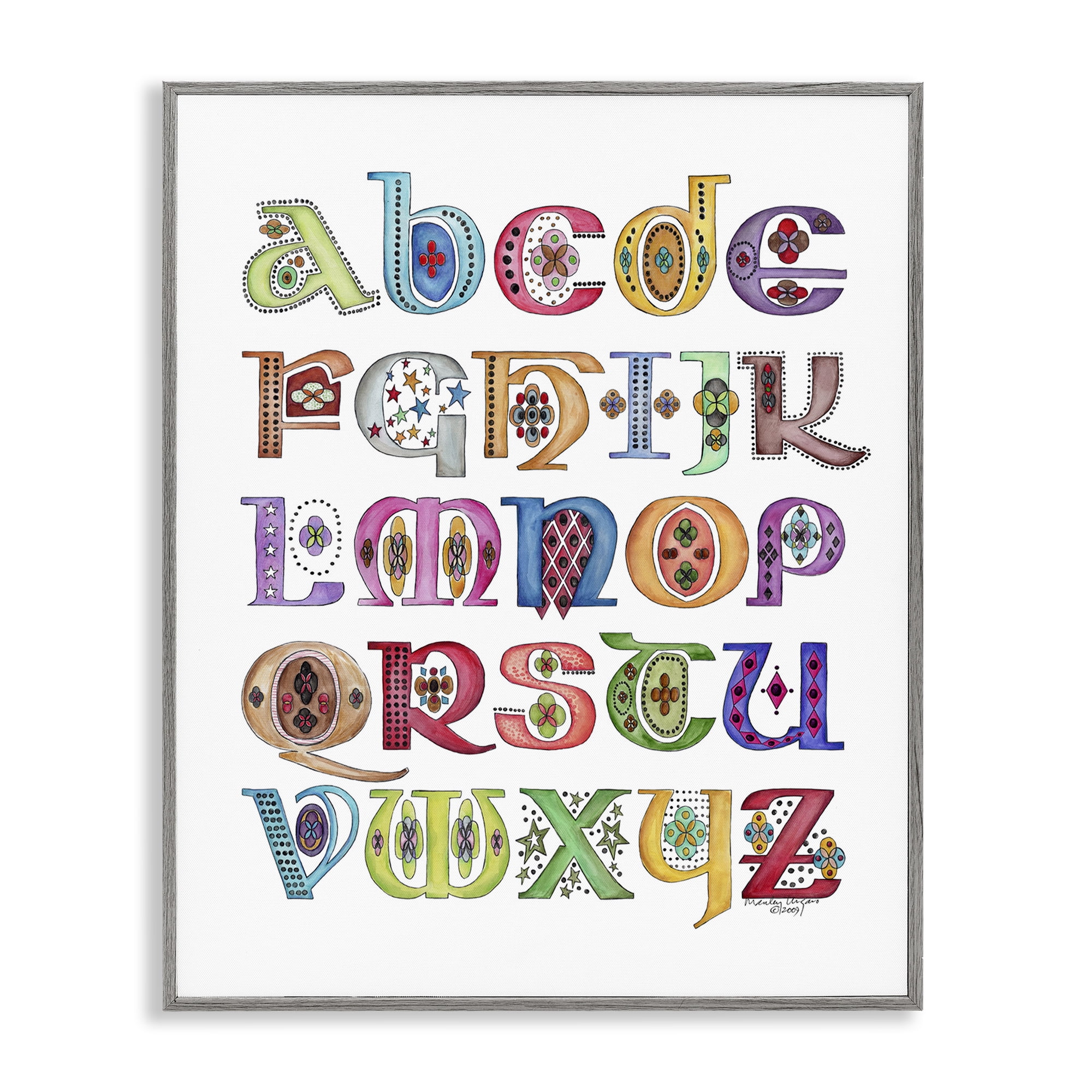 Stupell Industries Boho Whimsical Alphabet Novelty Painting Gray Framed Art Print Wall Art, 11 x 14