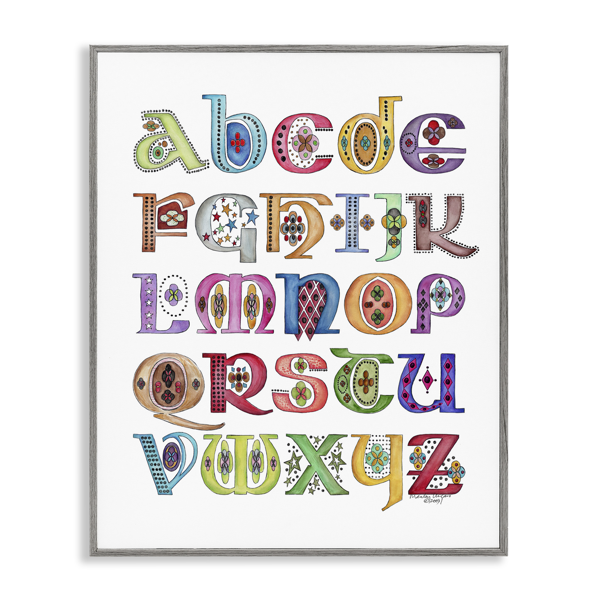 Stupell Industries Boho Whimsical Alphabet Novelty Painting Gray Framed Art Print Wall Art, 16 x 20