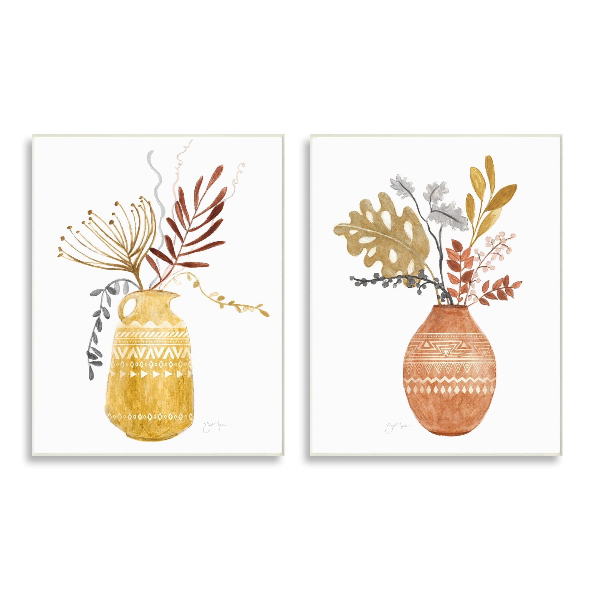 Stupell Industries Boho Wildflower Botanical Arrangements Aztec Patterned Vases,13 x 19, Design by Tava Studios