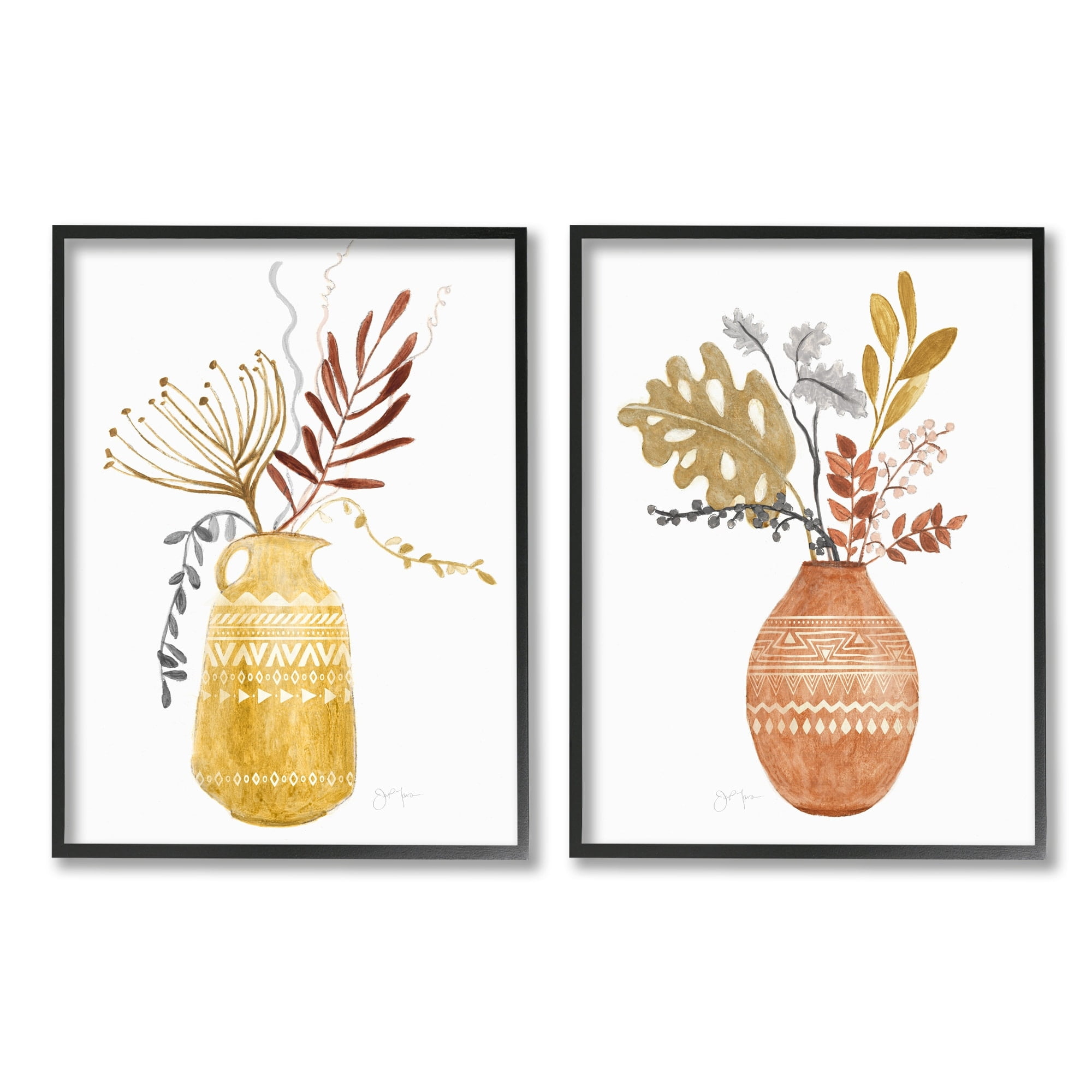 Stupell Industries Boho Wildflower Botanical Arrangements Aztec Patterned Vases,24 x 30, Design by Tava Studios