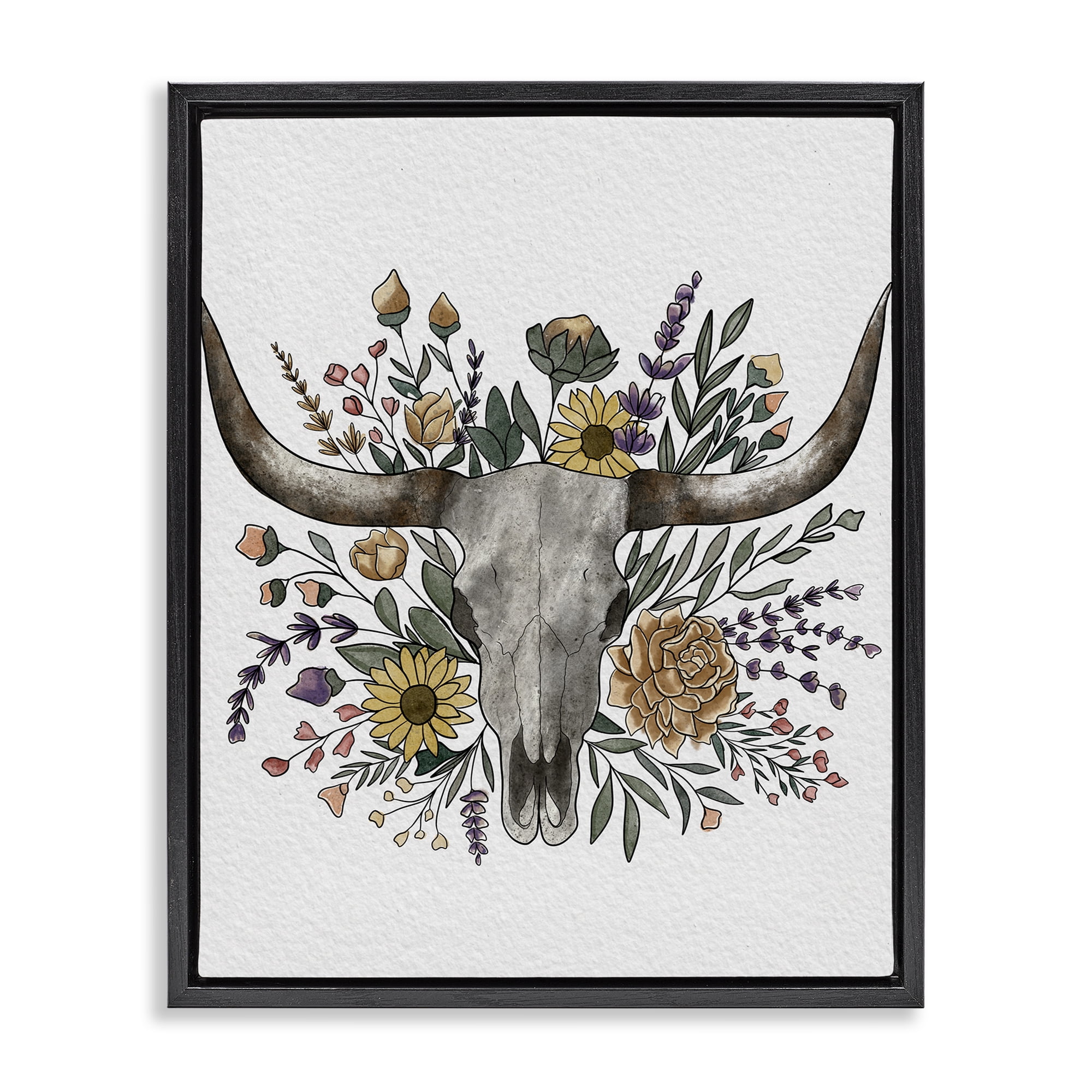 Stupell Industries Boho Wildflower Longhorn Black Framed Floater Canvas Wall Art, design by Alisha Kiara Design