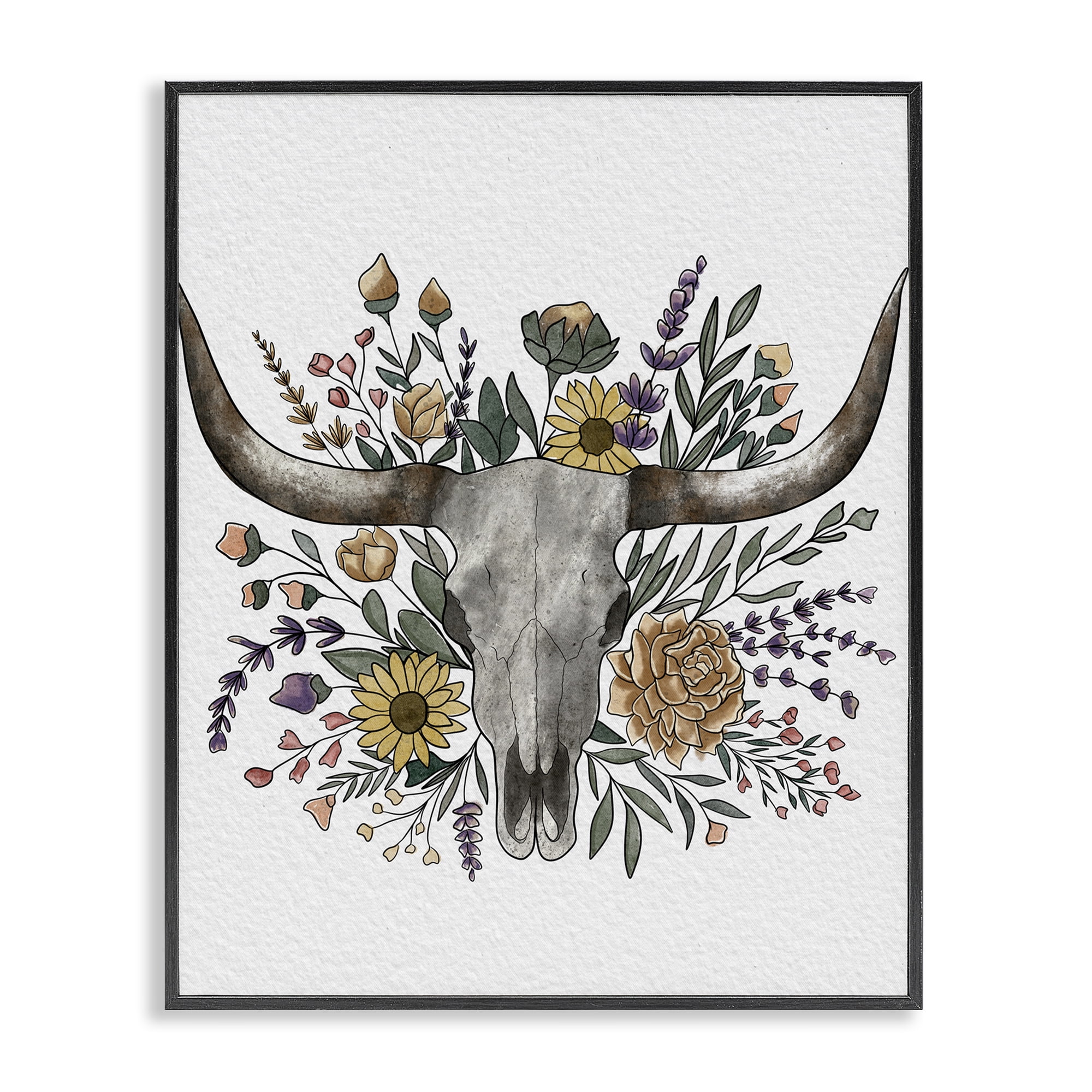 Stupell Industries Boho Wildflower Longhorn Black Framed Giclee Art, design by Alisha Kiara Design