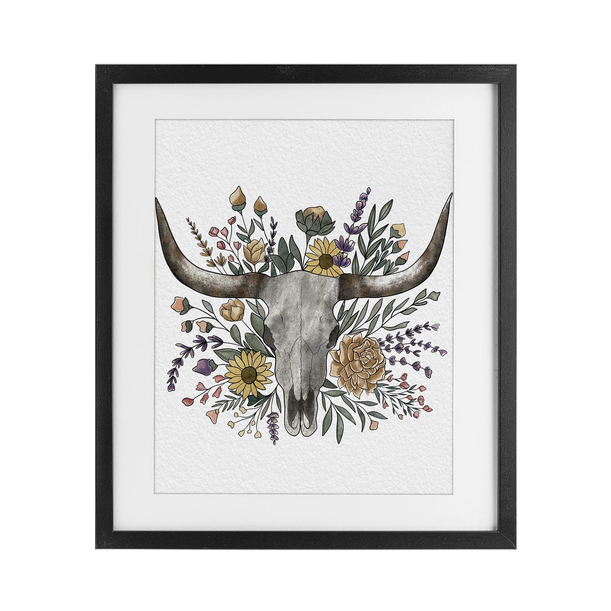 Stupell Industries Boho Wildflower Longhorn Black Framed Print Under Glass, design by Alisha Kiara Design