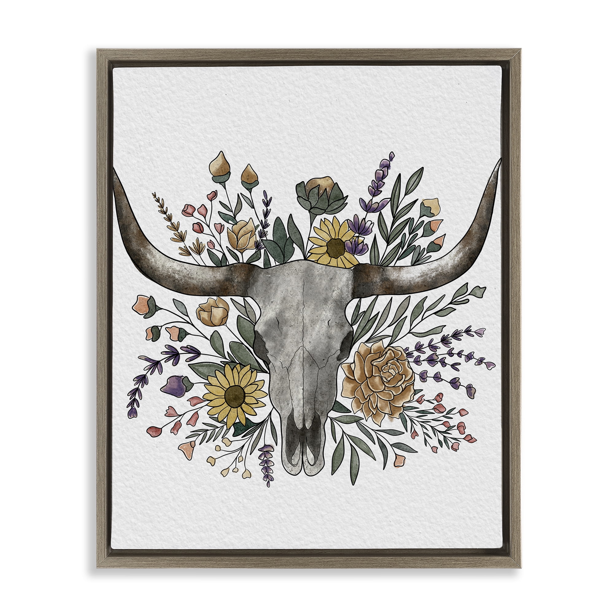 Stupell Industries Boho Wildflower Longhorn Brown Framed Floater Canvas Wall Art, design by Alisha Kiara Design