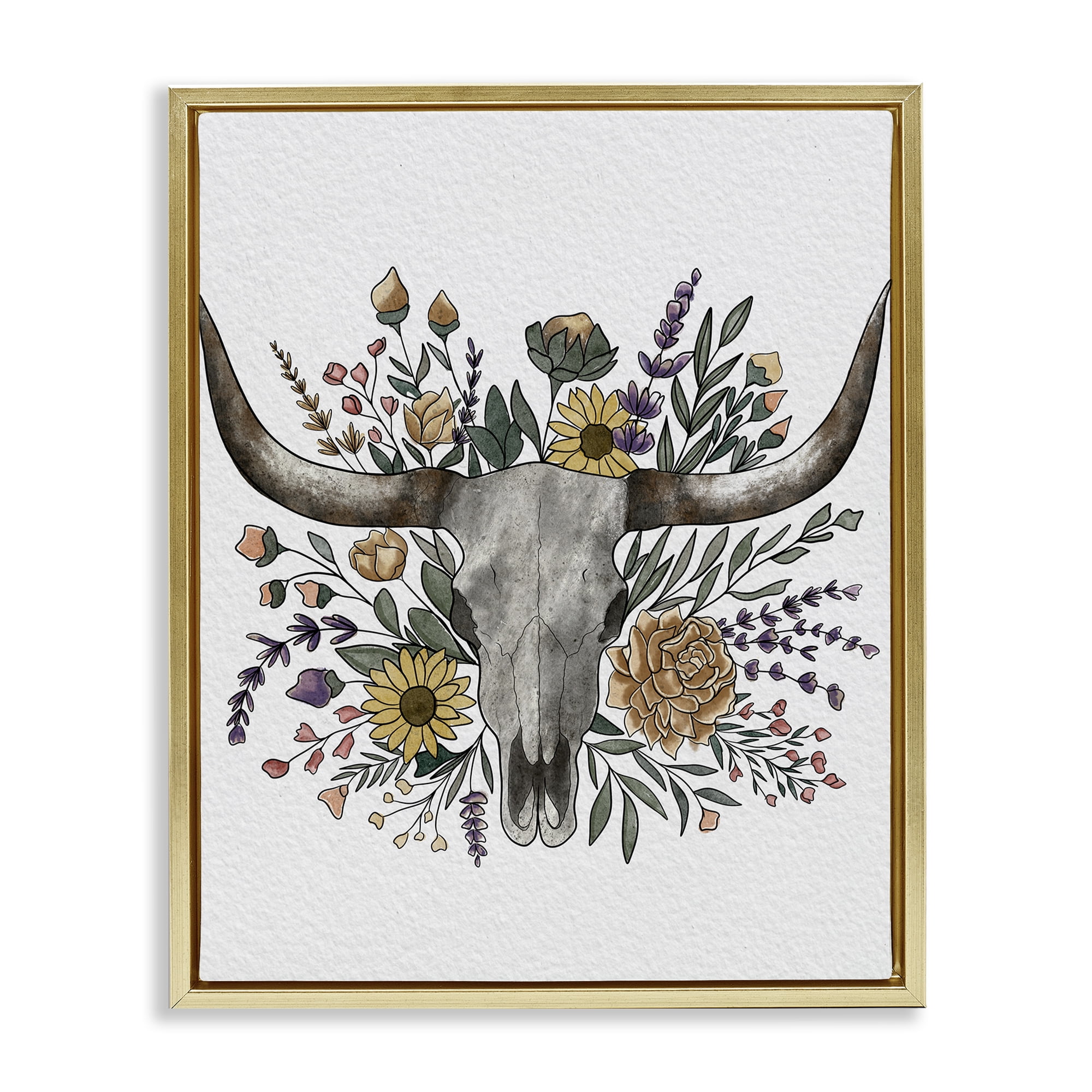Stupell Industries Boho Wildflower Longhorn Gold Framed Floater Canvas Wall Art, design by Alisha Kiara Design
