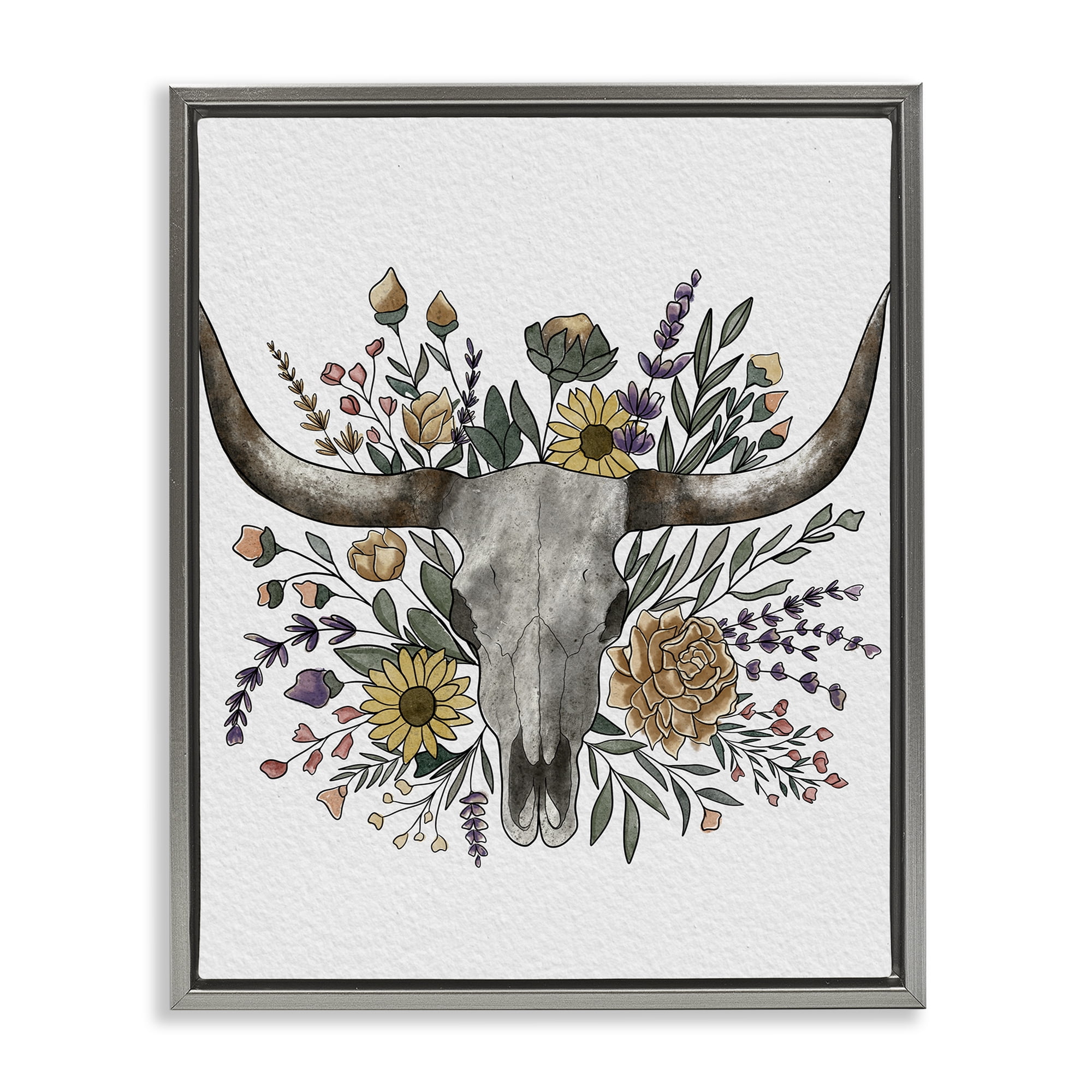 Stupell Industries Boho Wildflower Longhorn Gray Framed Floater Canvas Wall Art, design by Alisha Kiara Design