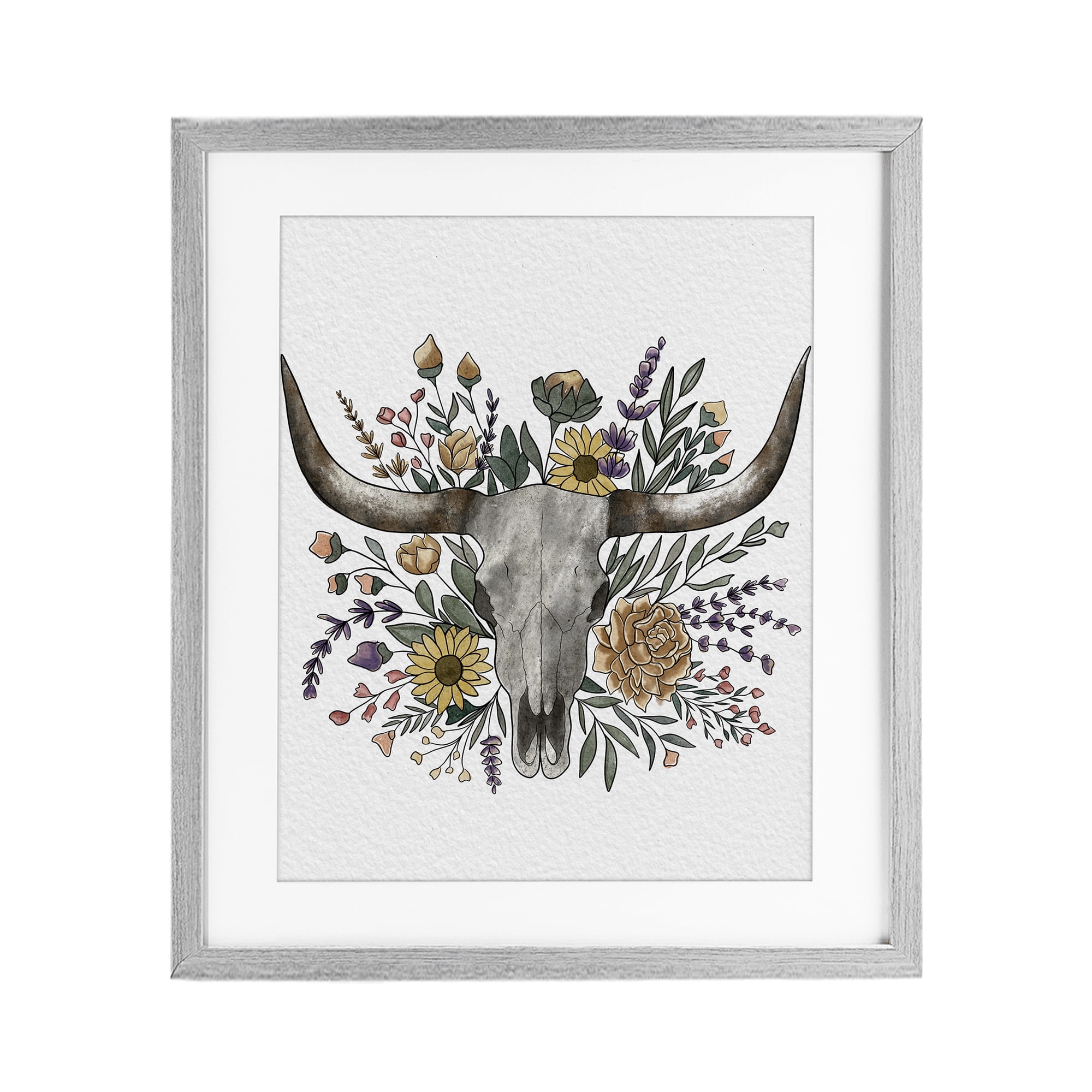 Stupell Industries Boho Wildflower Longhorn Gray Framed Print Under Glass, design by Alisha Kiara Design