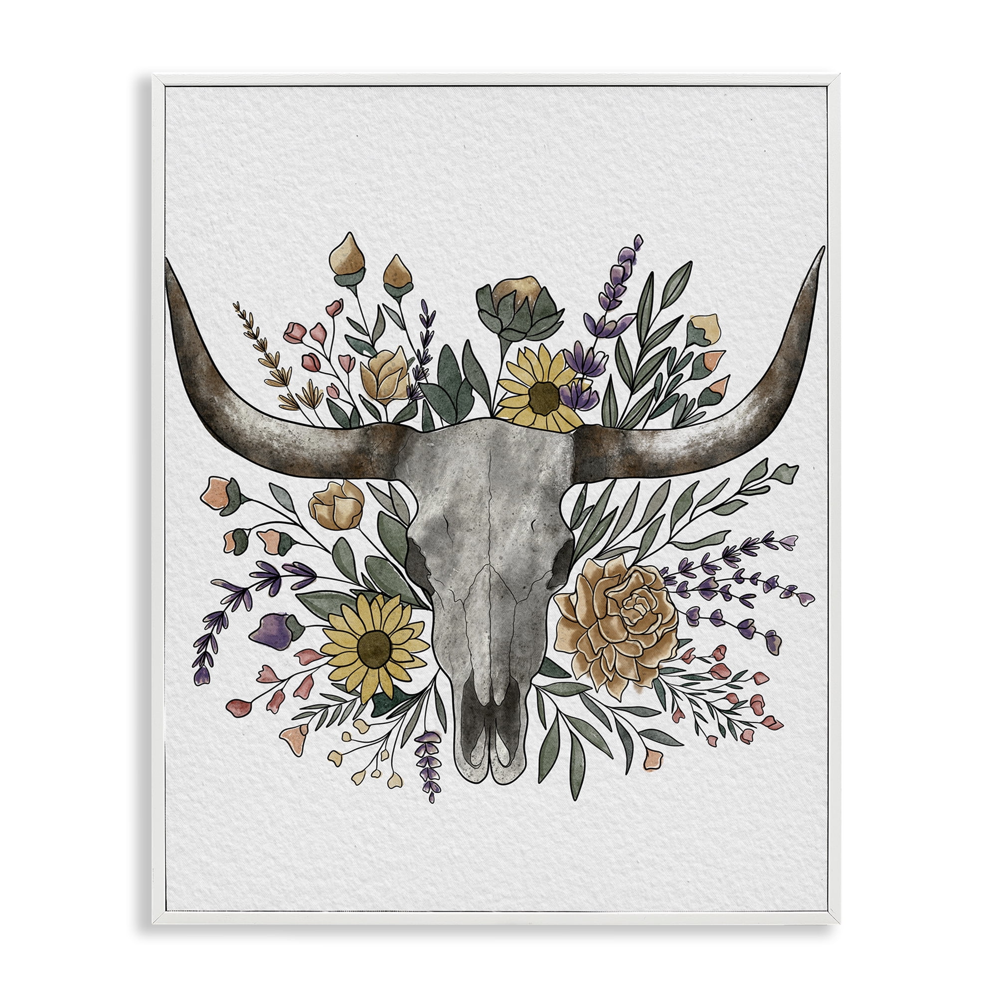 Stupell Industries Boho Wildflower Longhorn White Framed Giclee Art, design by Alisha Kiara Design