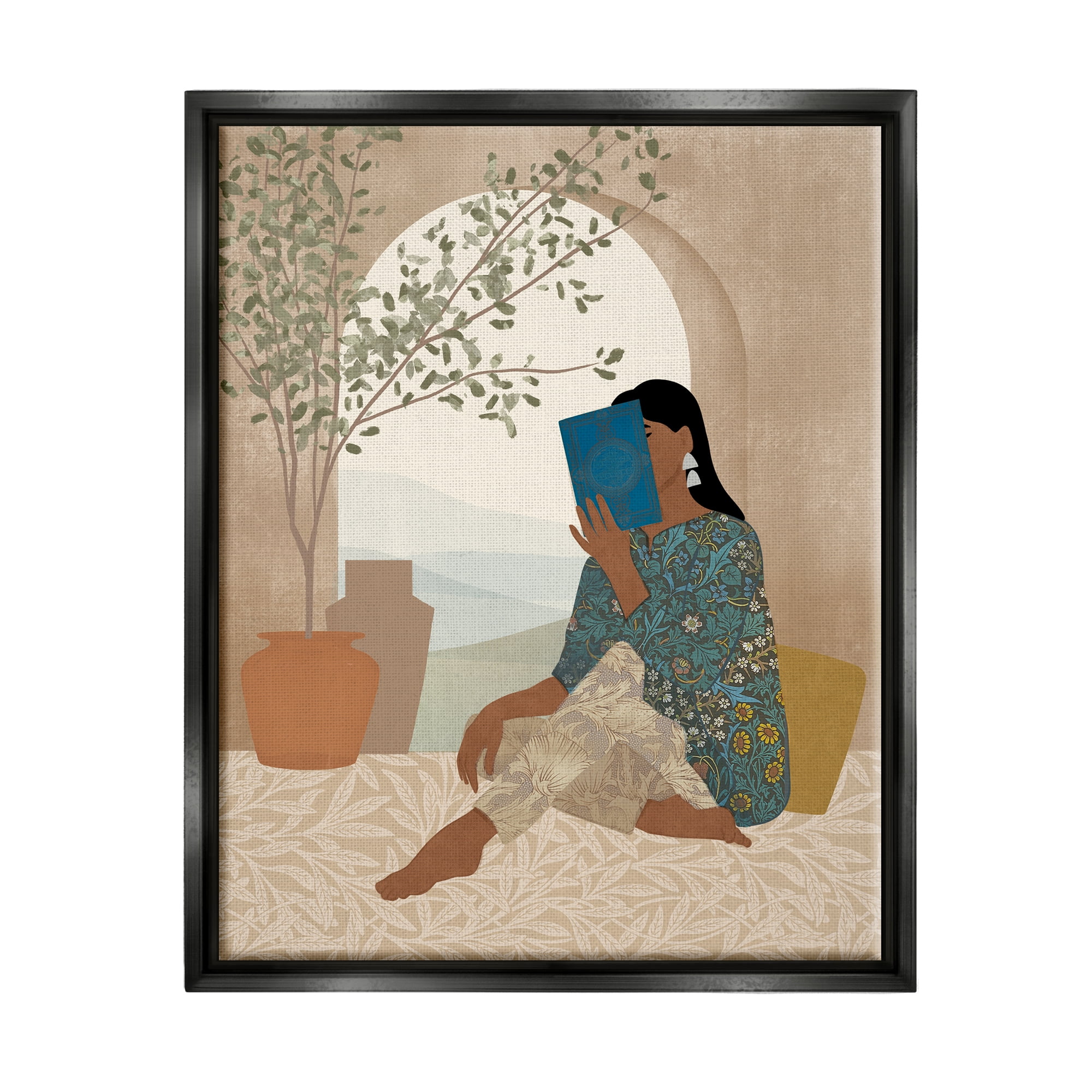 Stupell Industries Boho Woman Reading Botanical & Floral Painting Black Floater Framed Art Print Wall Art, 17 x 21