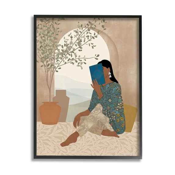 Stupell Industries Boho Woman Reading Botanical & Floral Painting Black Framed Art Print Wall Art, 16 x 20