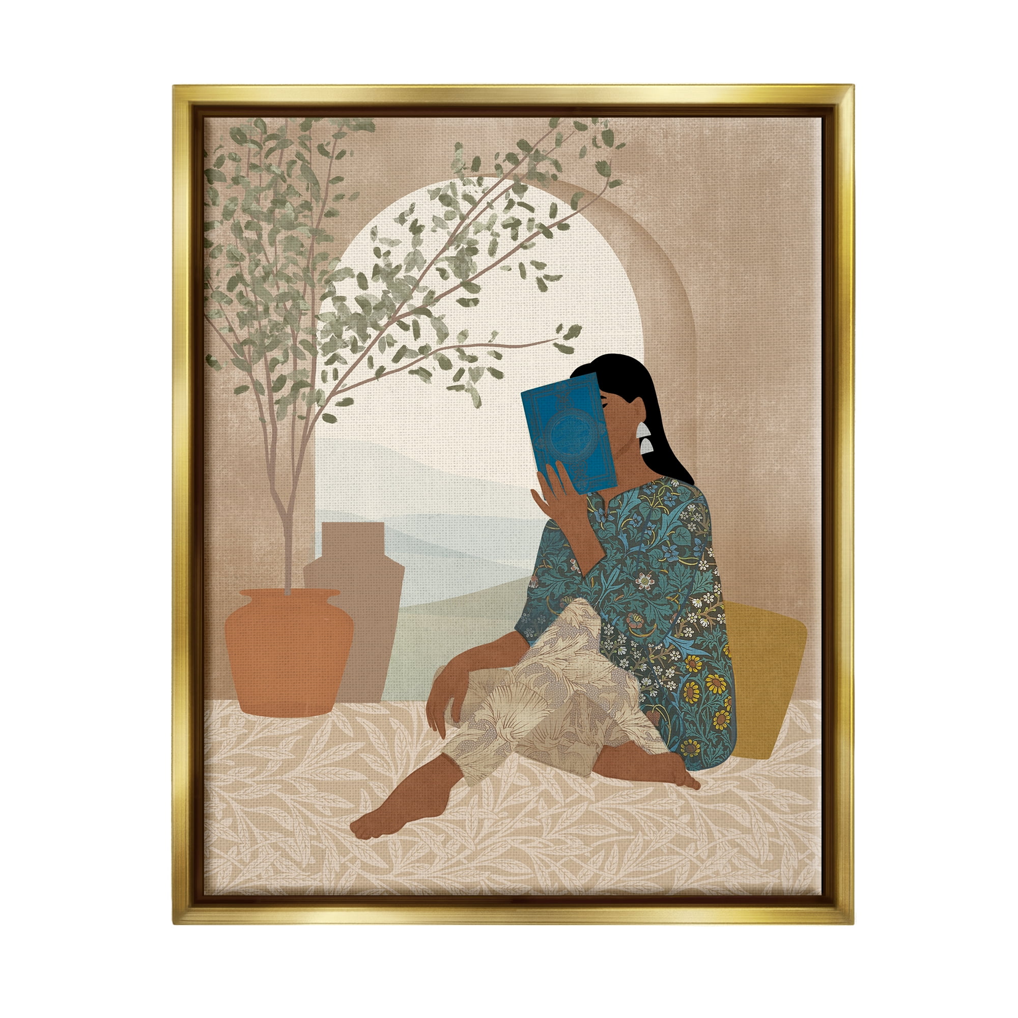Stupell Industries Boho Woman Reading Botanical & Floral Painting Gold Floater Framed Art Print Wall Art, 17 x 21