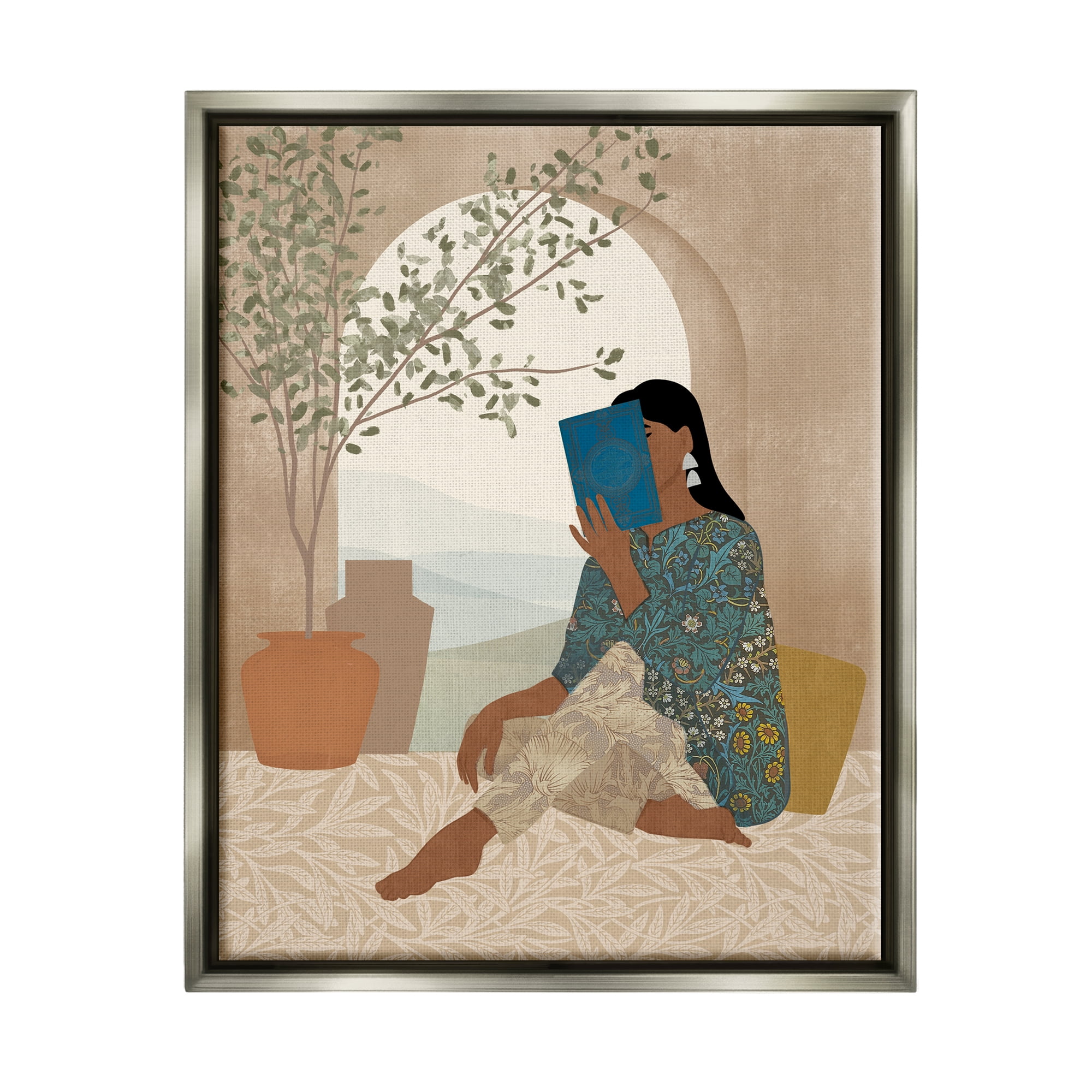 Stupell Industries Boho Woman Reading Botanical & Floral Painting Gray Floater Framed Art Print Wall Art, 17 x 21